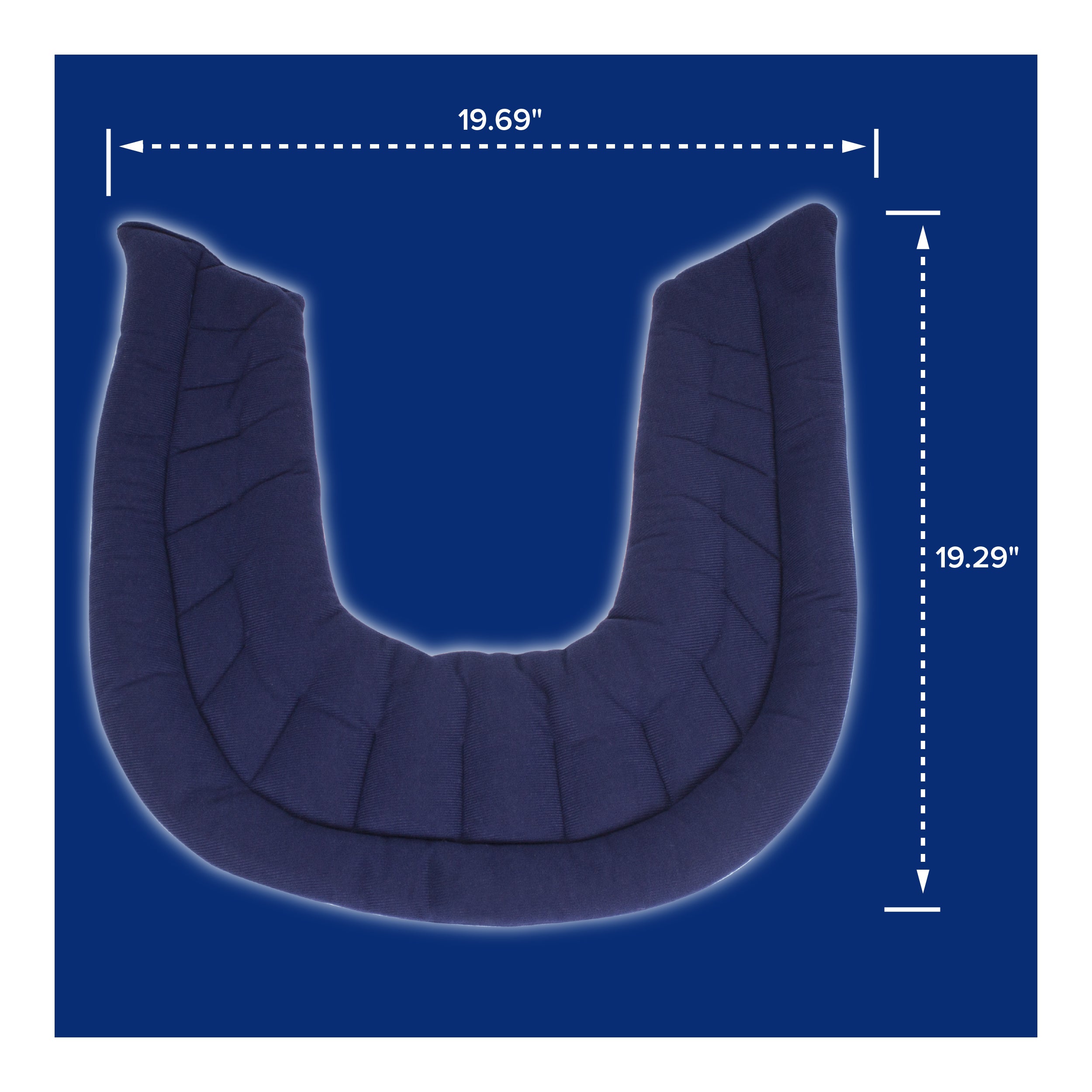 Measurement chart of a U-shaped hot/cold wrap with dimensions on a blue background