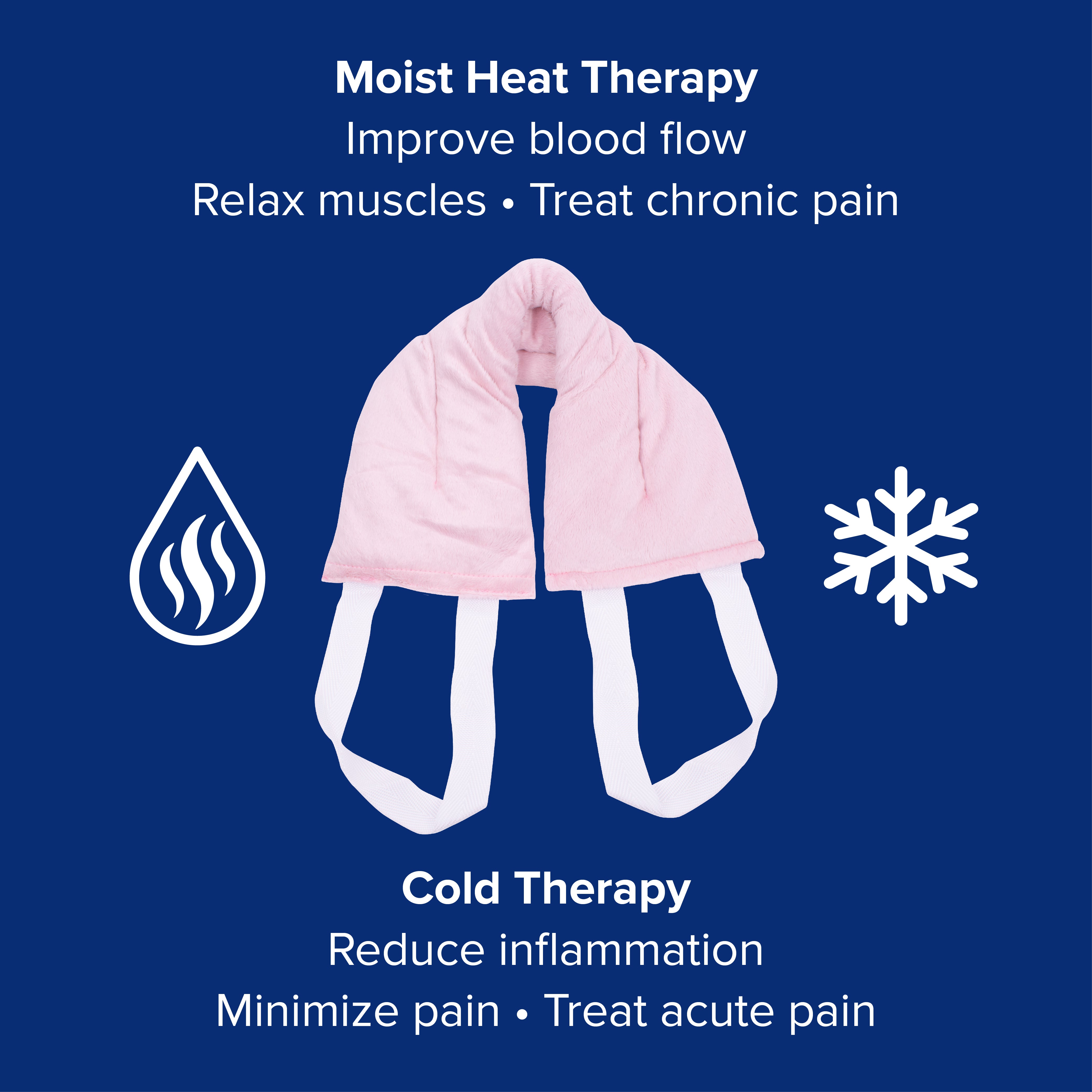 A pink hot/cold wrap over a blue background. Text explaining the benefits of moist heat therapy and cold therapy