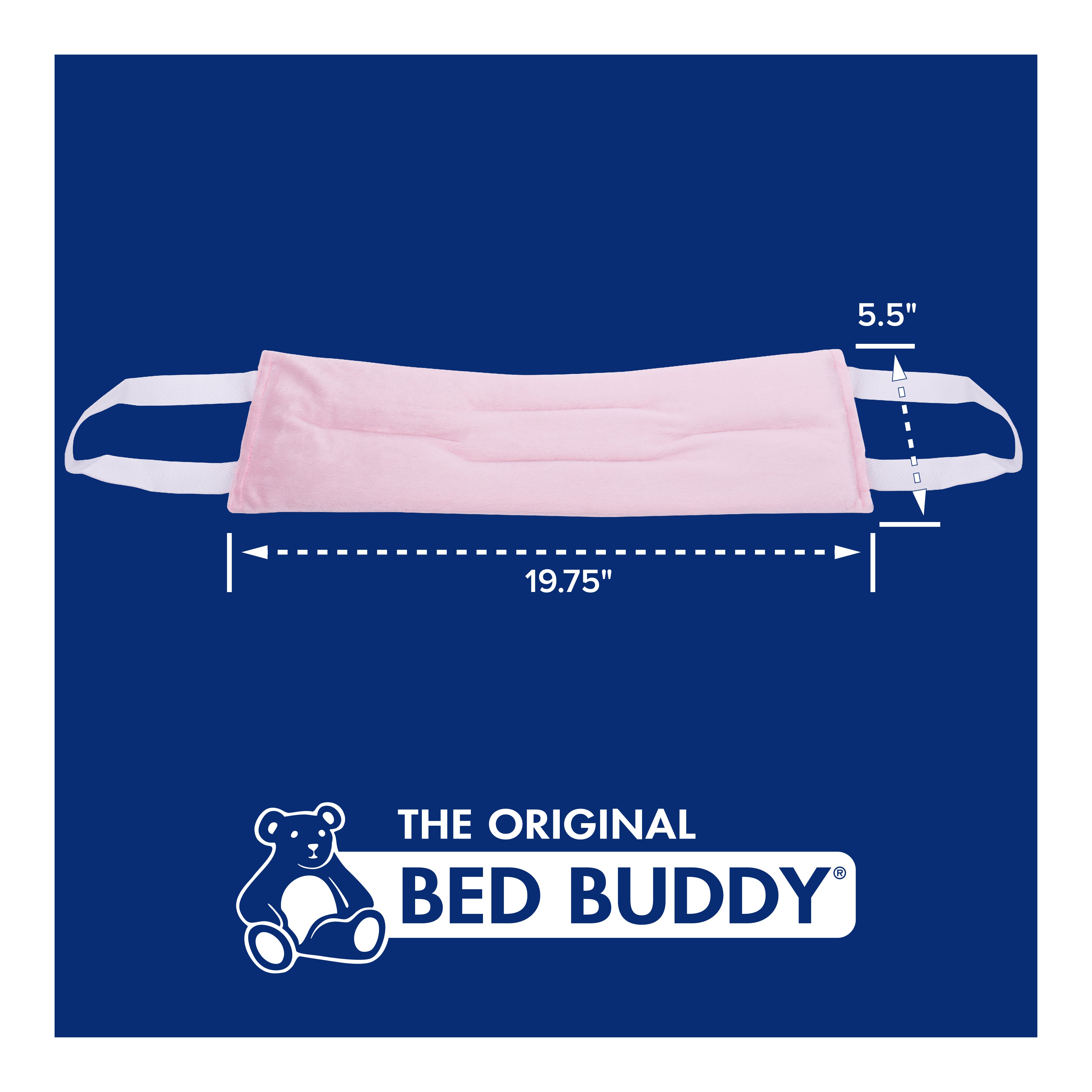 A pink hot/cold wrap over a blue background with dimensions and a bed buddy logo