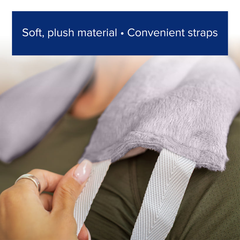 Person wearing a gray hot and cold wrap with text about soft material and convenient straps