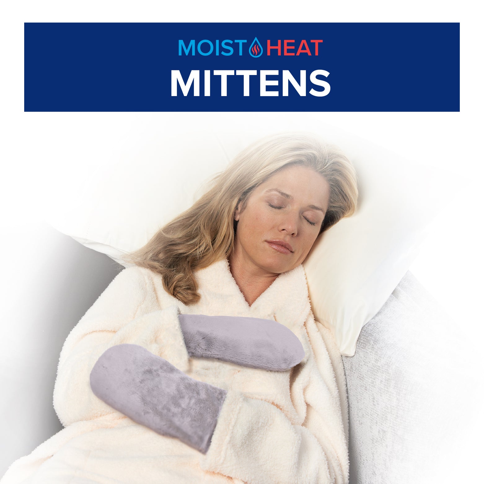 Person wearing Moist Heat mittens and robe with 'Moist Heat' branding.