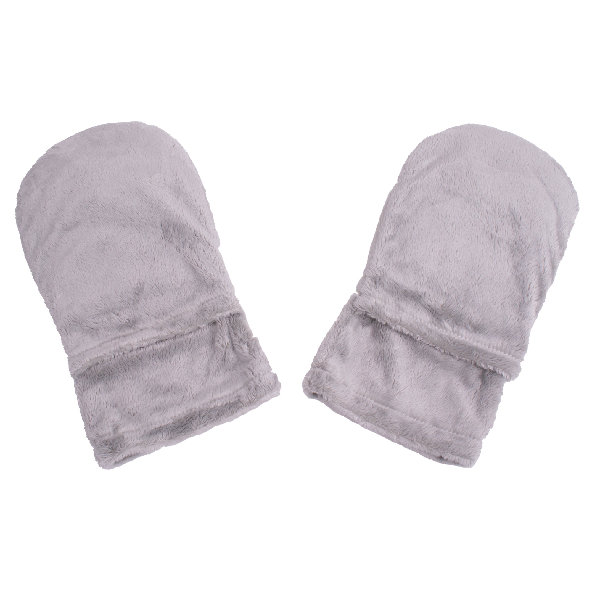 Pair of gray Bed Buddy moist heat mittens on a white background