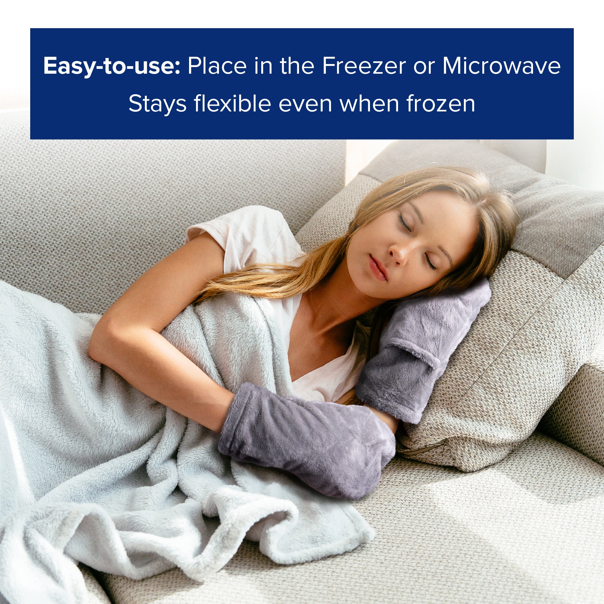 Woman lying on a couch with heat therapy gloves on, text about product ease of use.