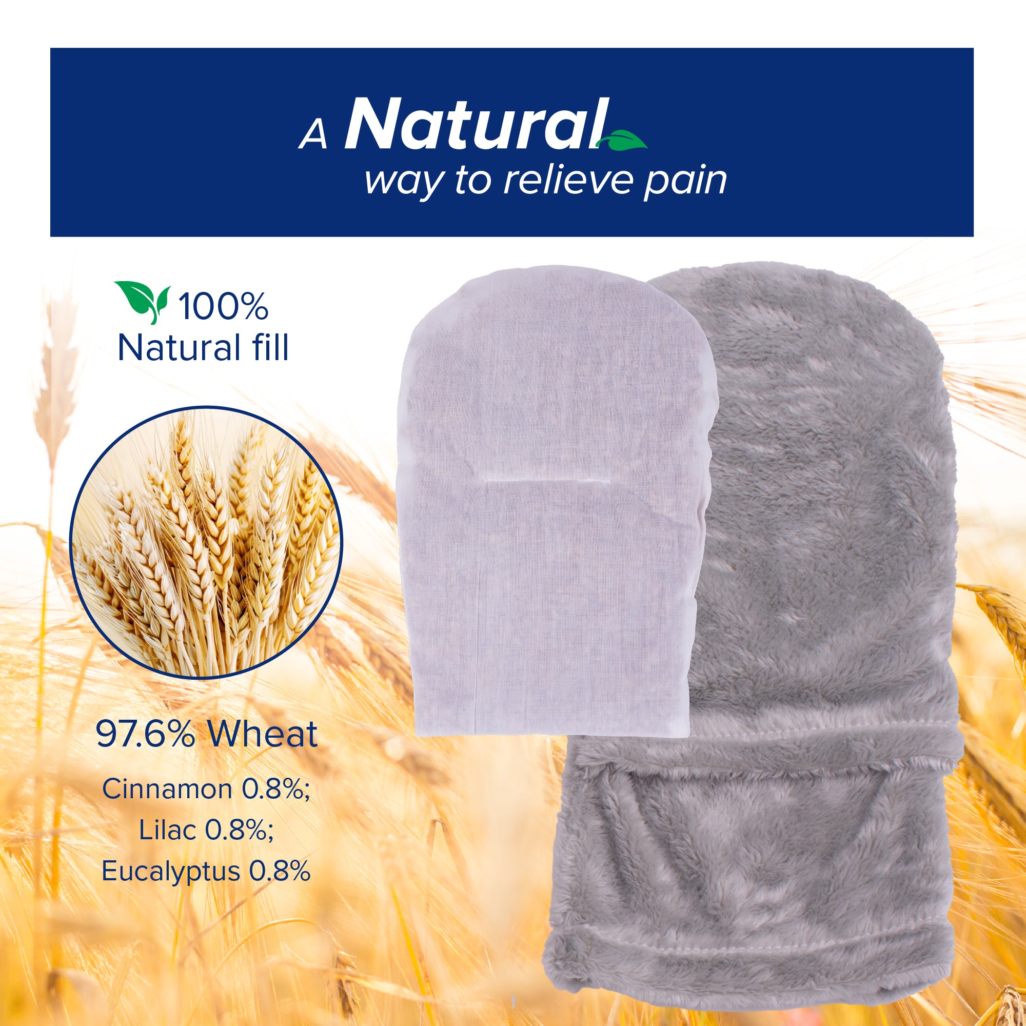 100% natural fill ingredients for Bed Buddy mittens including wheat and eucalyptus.