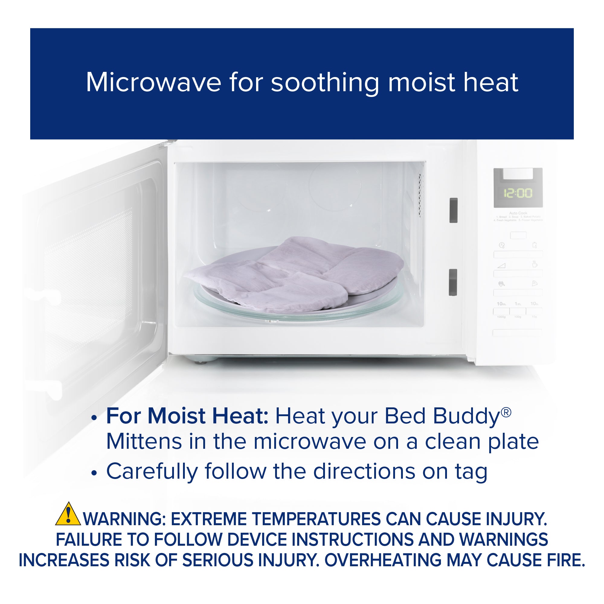 Heating Bed Buddy microwavable mittens in a microwave for moist heat therapy.