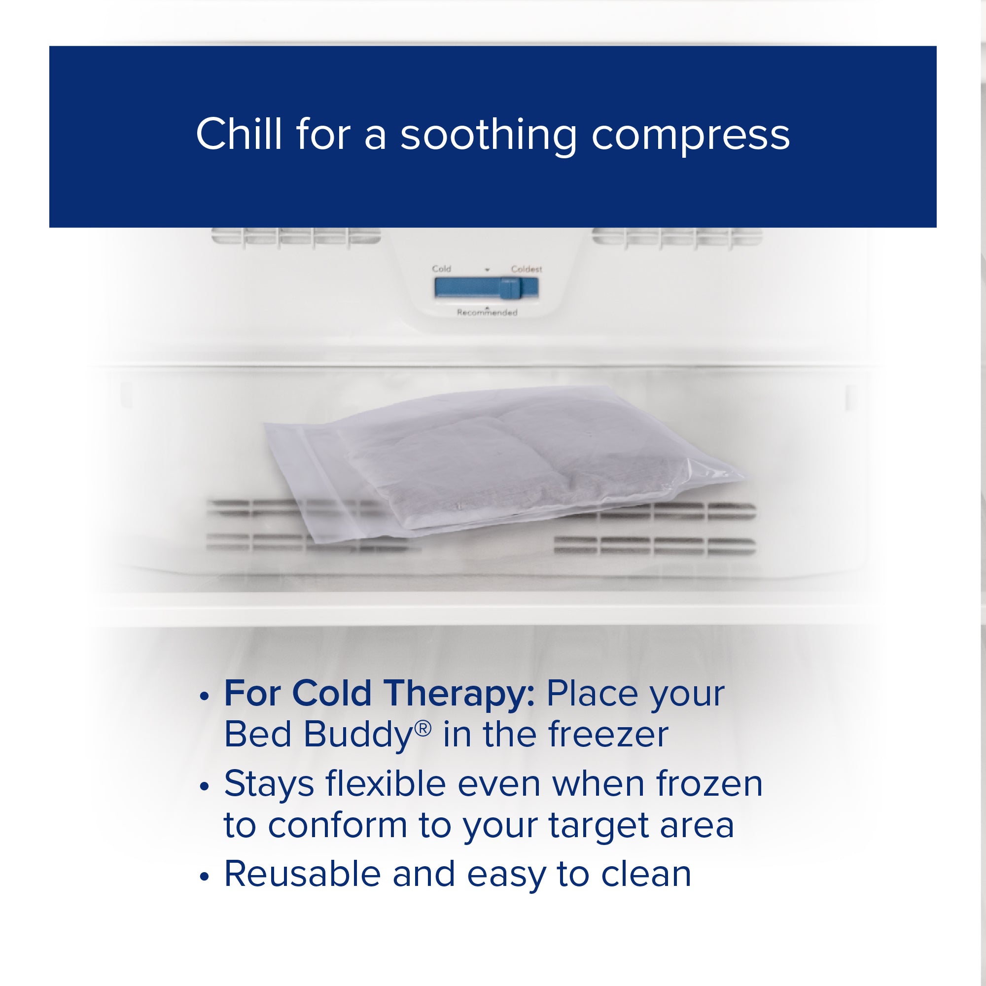 Bed Buddy mittens in a freezer for cold therapy to reduce hand swelling.