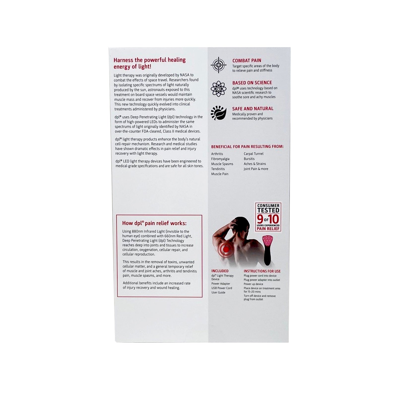 The back of the packaging for the DPL Clinical Handheld Light Therapy for Pain Relief