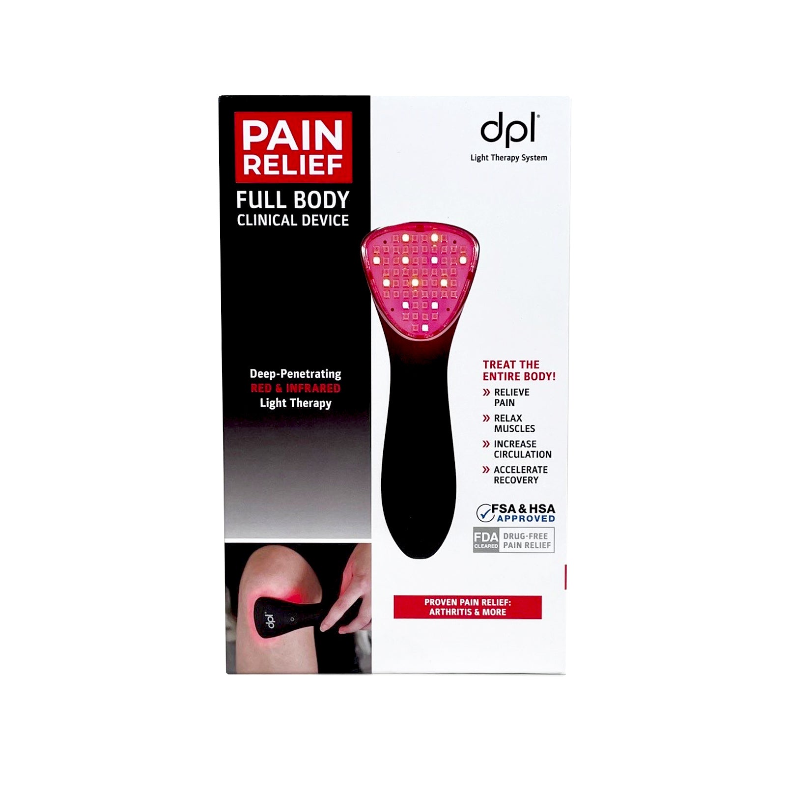 The front of the packaging for the DPL Clinical Handheld Light Therapy for Pain Relief