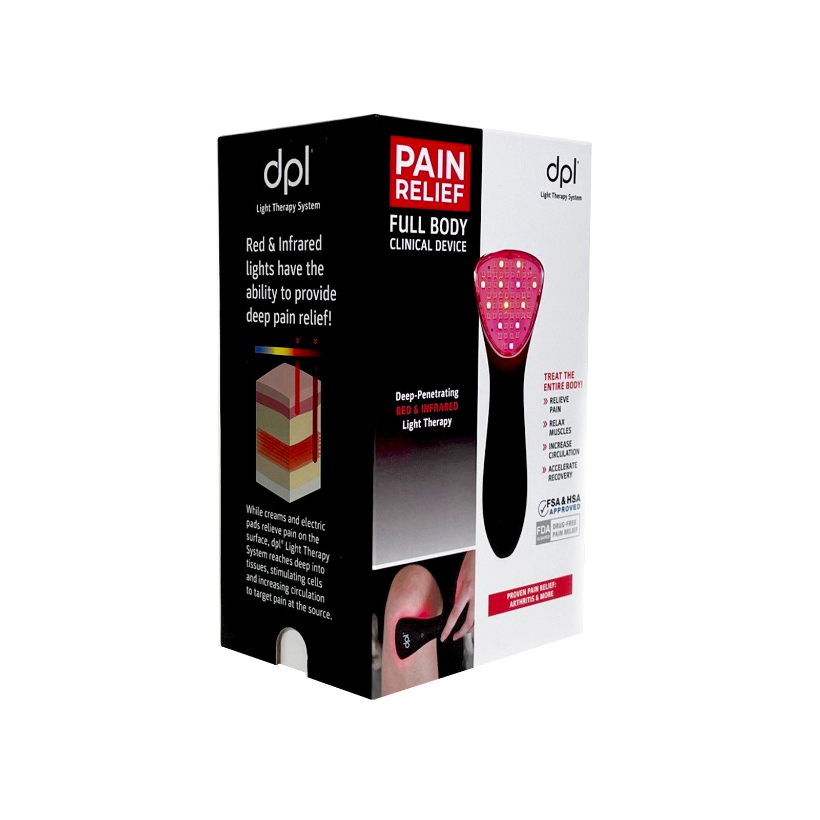 Side view of the packaging for the DPL Clinical Handheld Light Therapy for Pain Relief