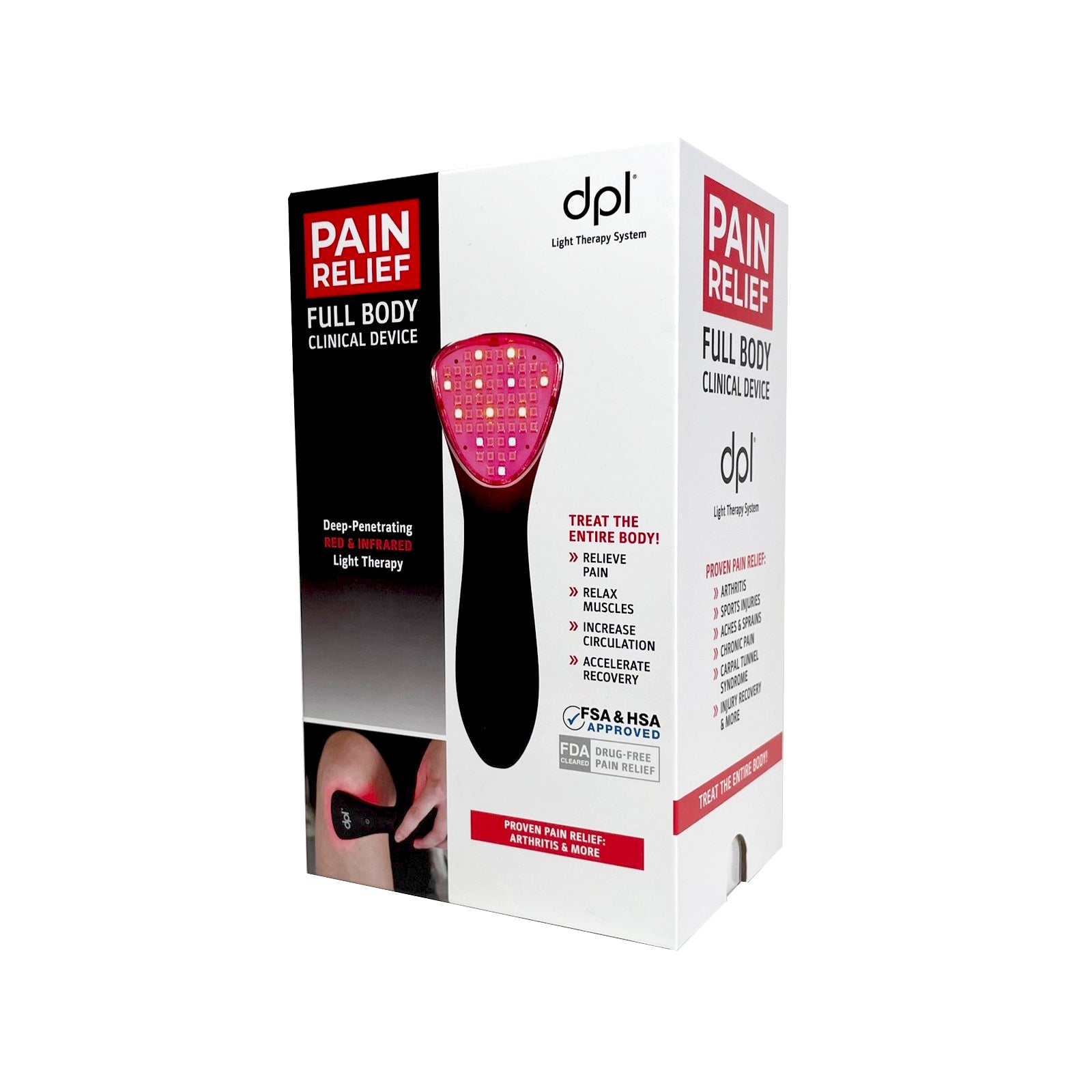 Side view of the packaging for the DPL Clinical Handheld Light Therapy for Pain Relief