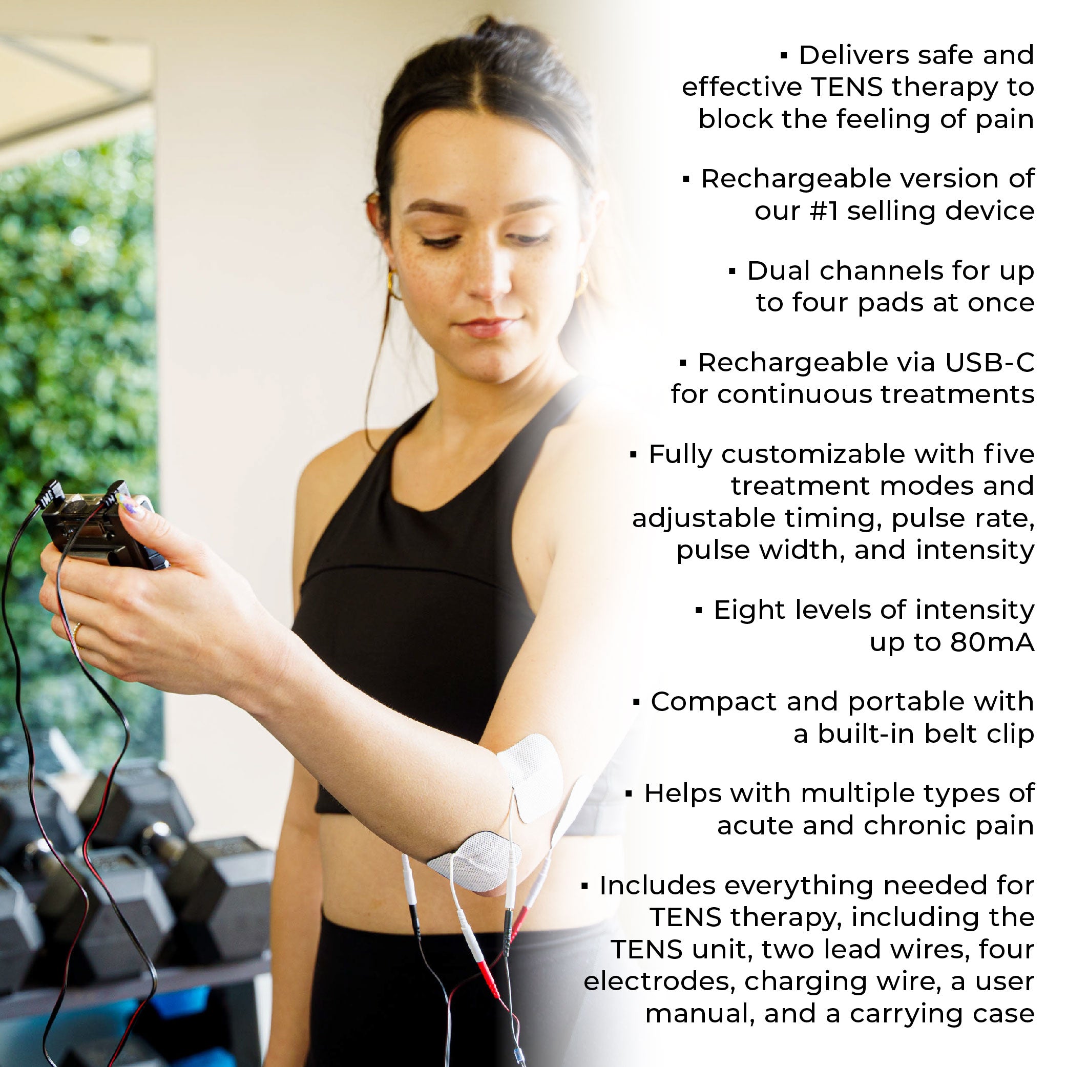 A woman holding a TENS unit with product descriptions from the product page
