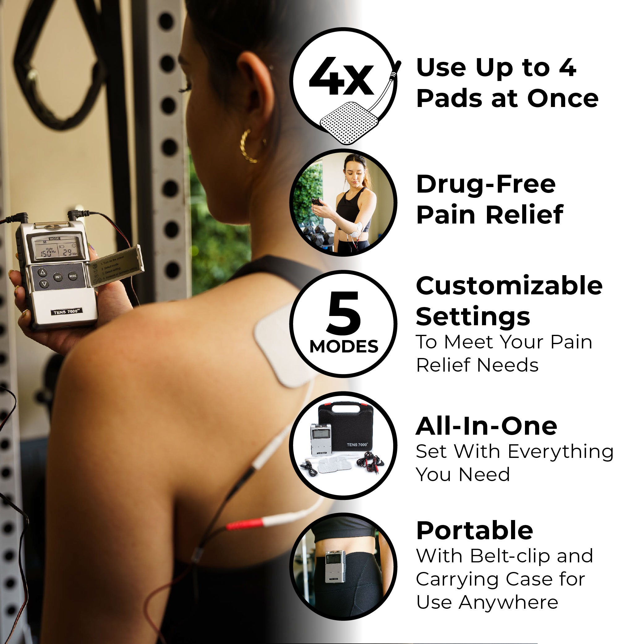 A woman holding a TENS unit with electrodes on her back