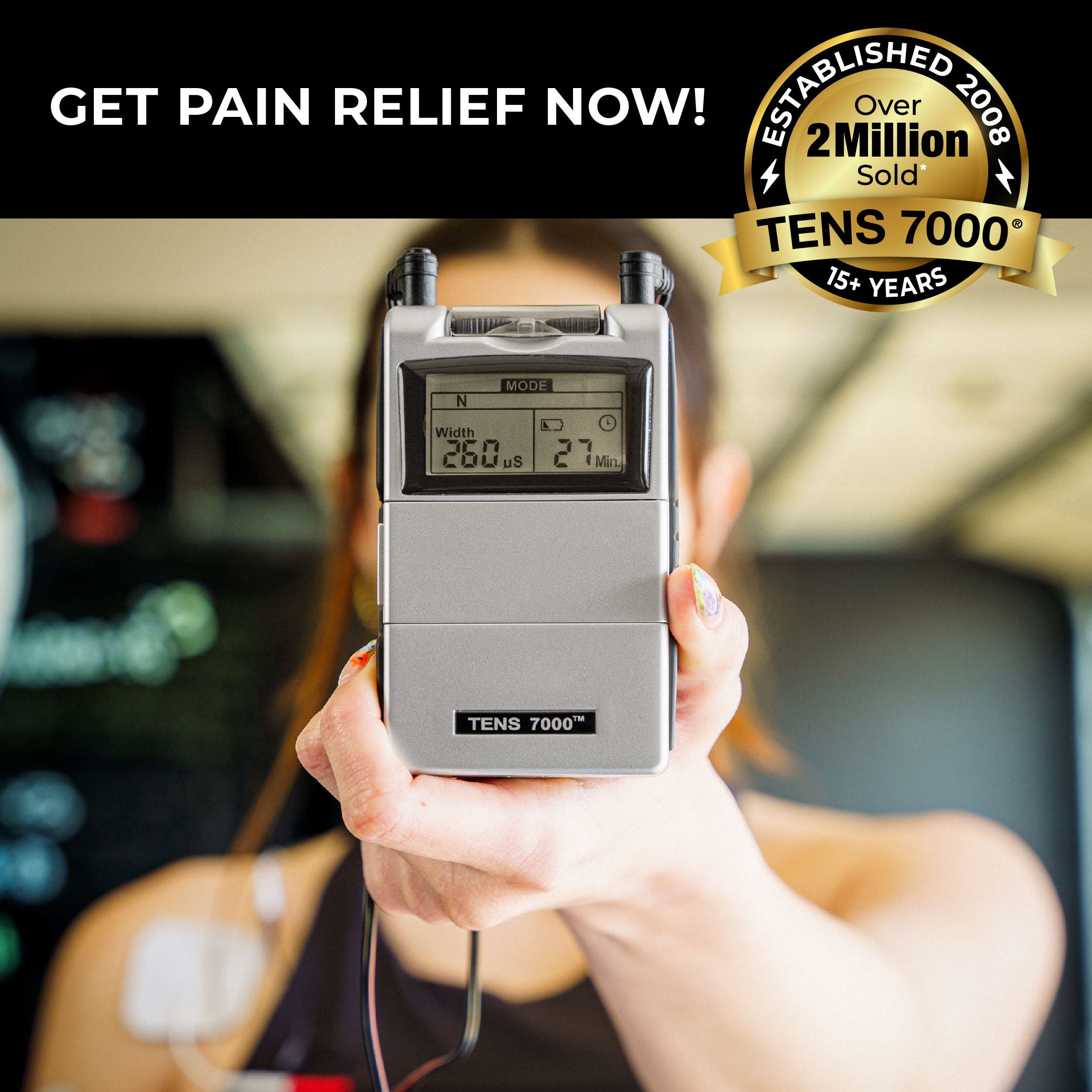 A woman holding a TENS unit toward the camera. Text, 