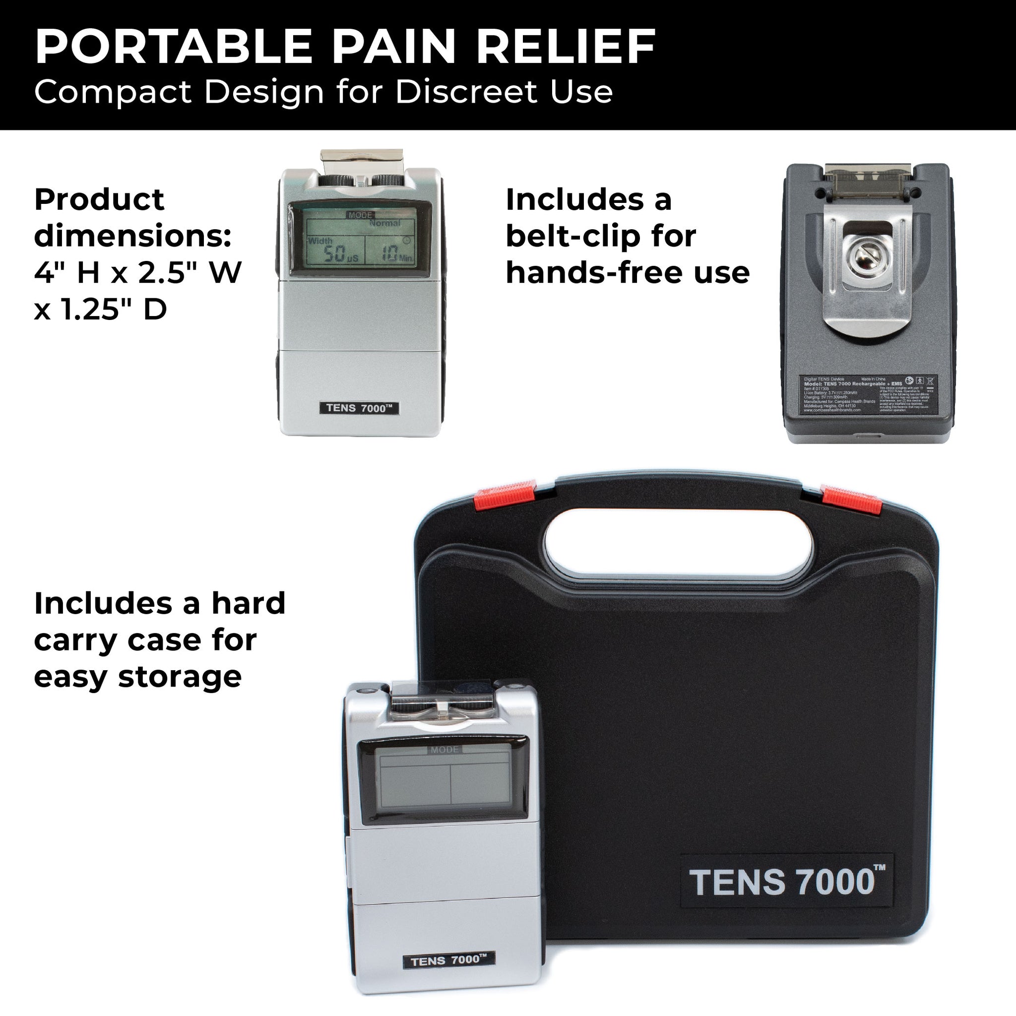 A TENS unit showing its belt clip and carrying case. Text, 