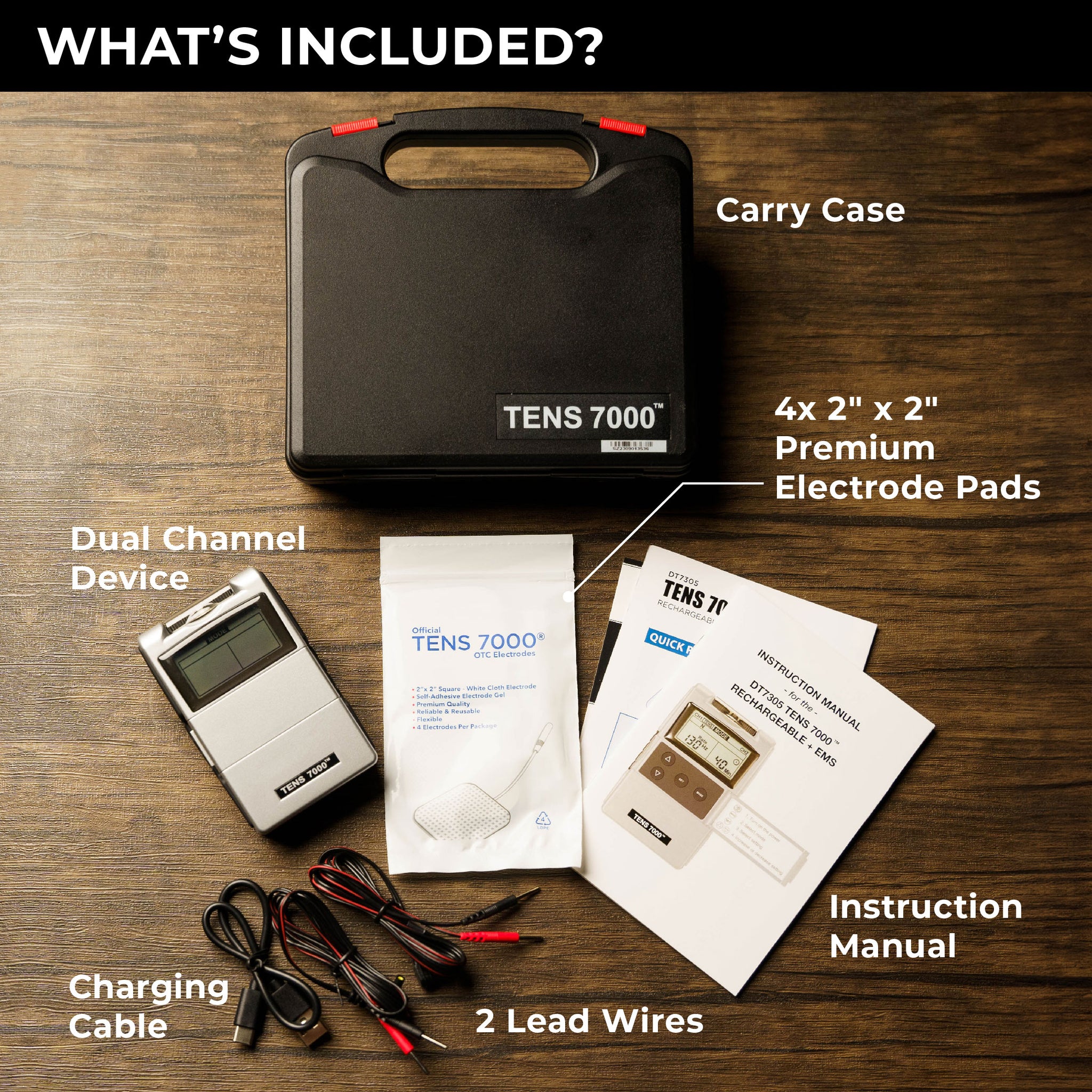 A TENS unit on a wood surface with its accessories labelled. Text, 