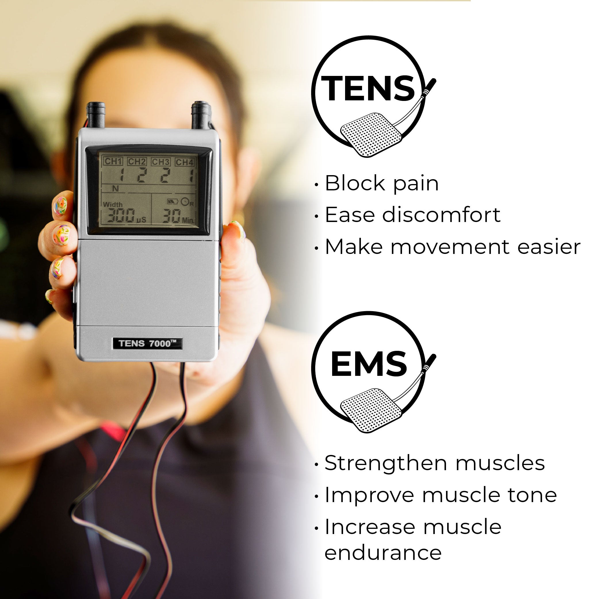 A woman holding the TENS and EMS combo unit toward the camera. Icons next to each text: 