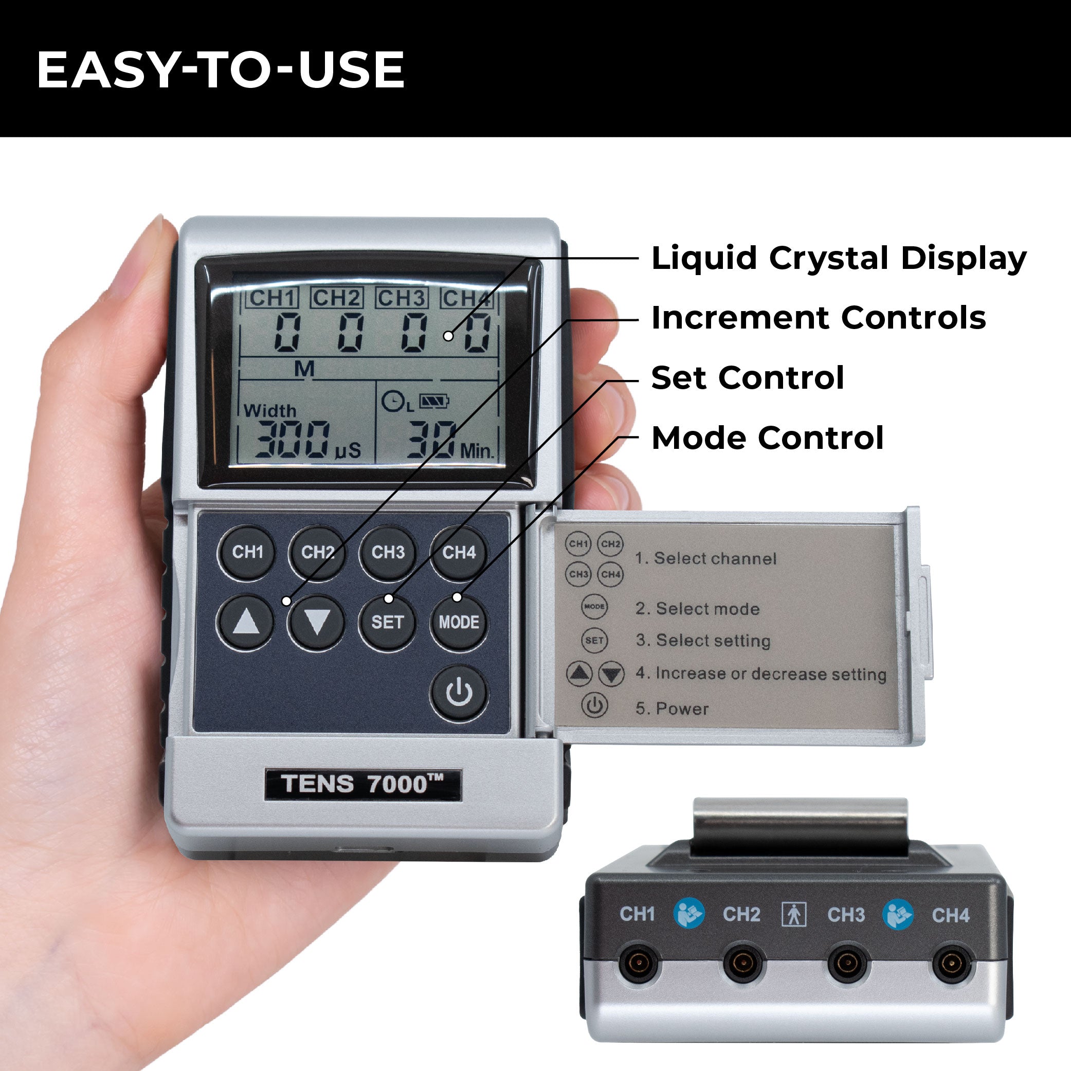 Hand Tens Unit TENS 7000 Rechargeable TENS and EMS Combo Unit, Four Channel– Carex