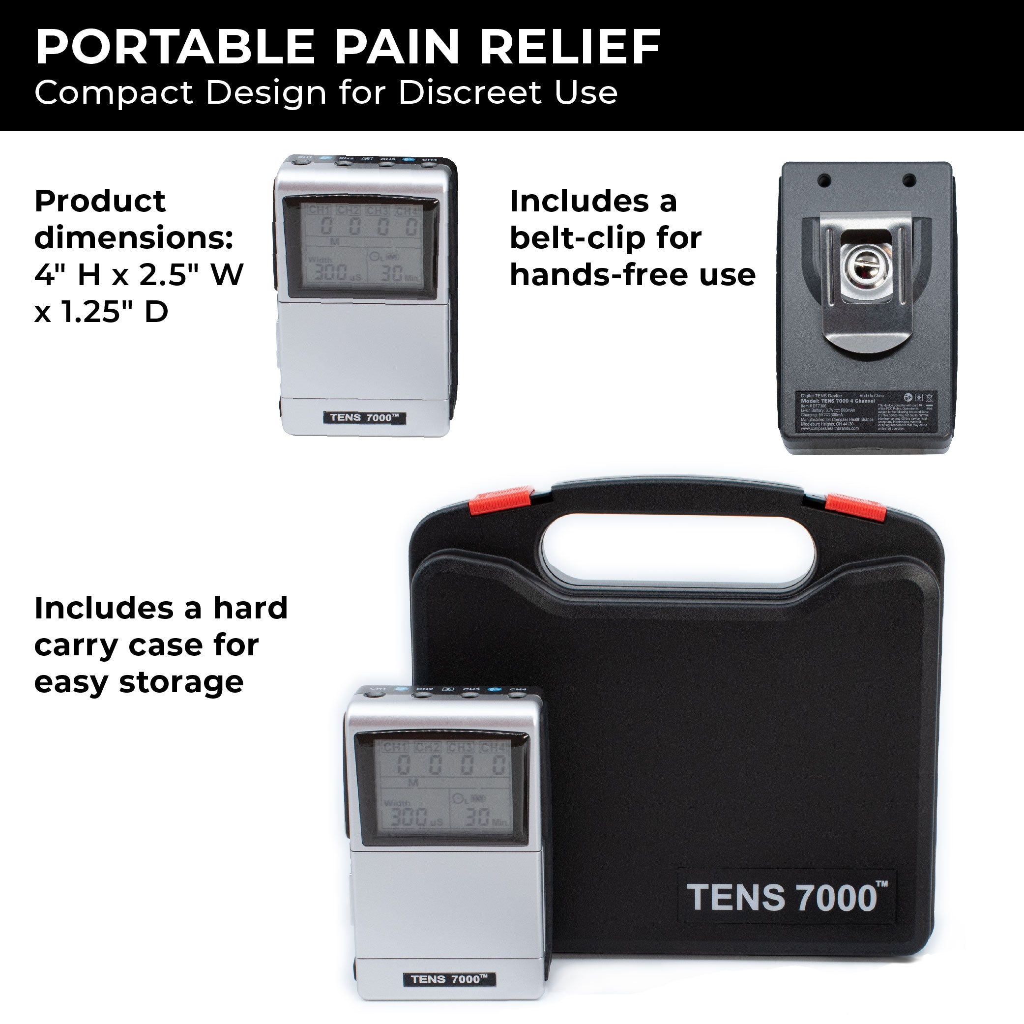 A TENS unit showing its belt clip and carrying case. Text, 