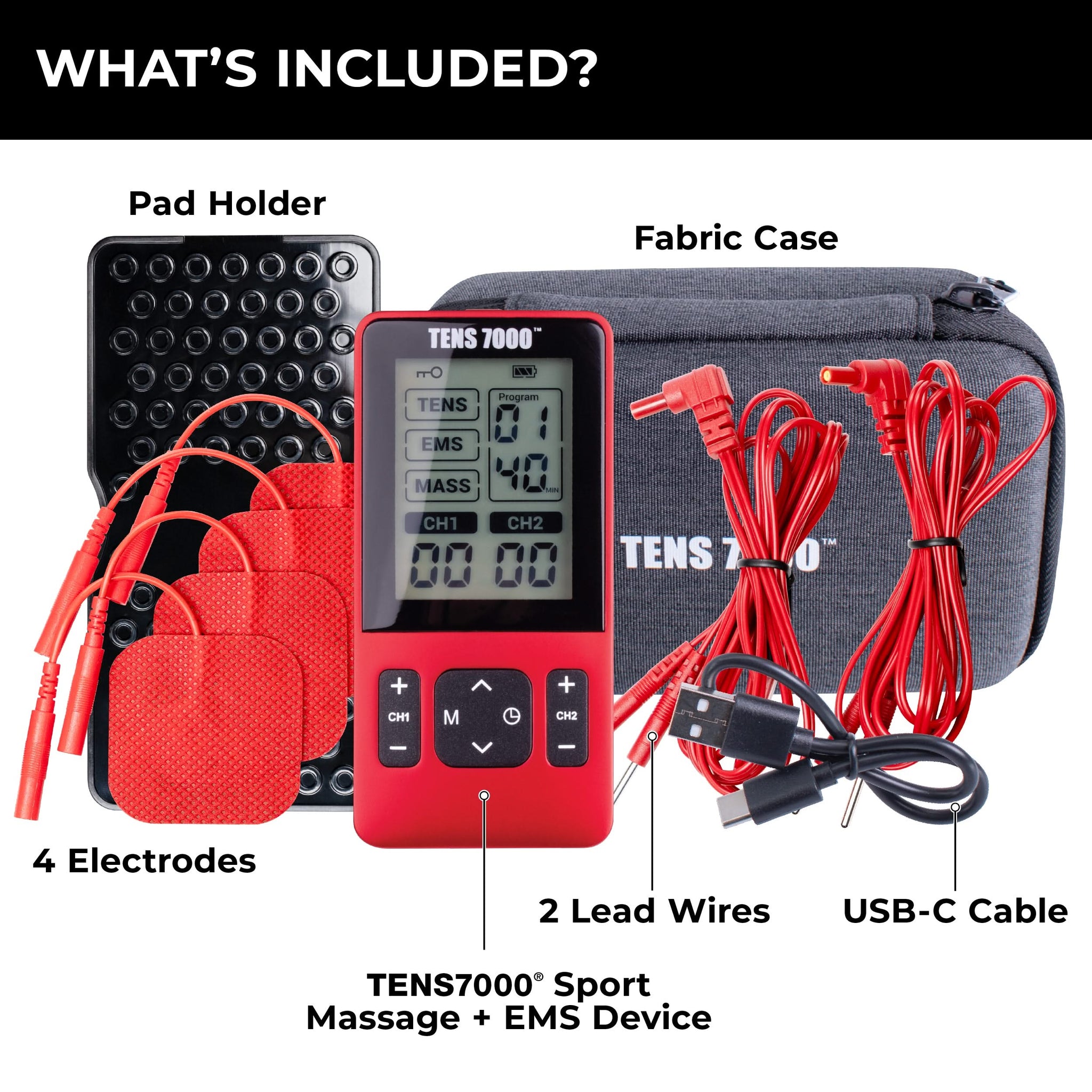 An image showing what's included with the TENS unit kit: pad holder, fabric case, 4 electrodes, the device, 2 lead wires, and USB-C cable