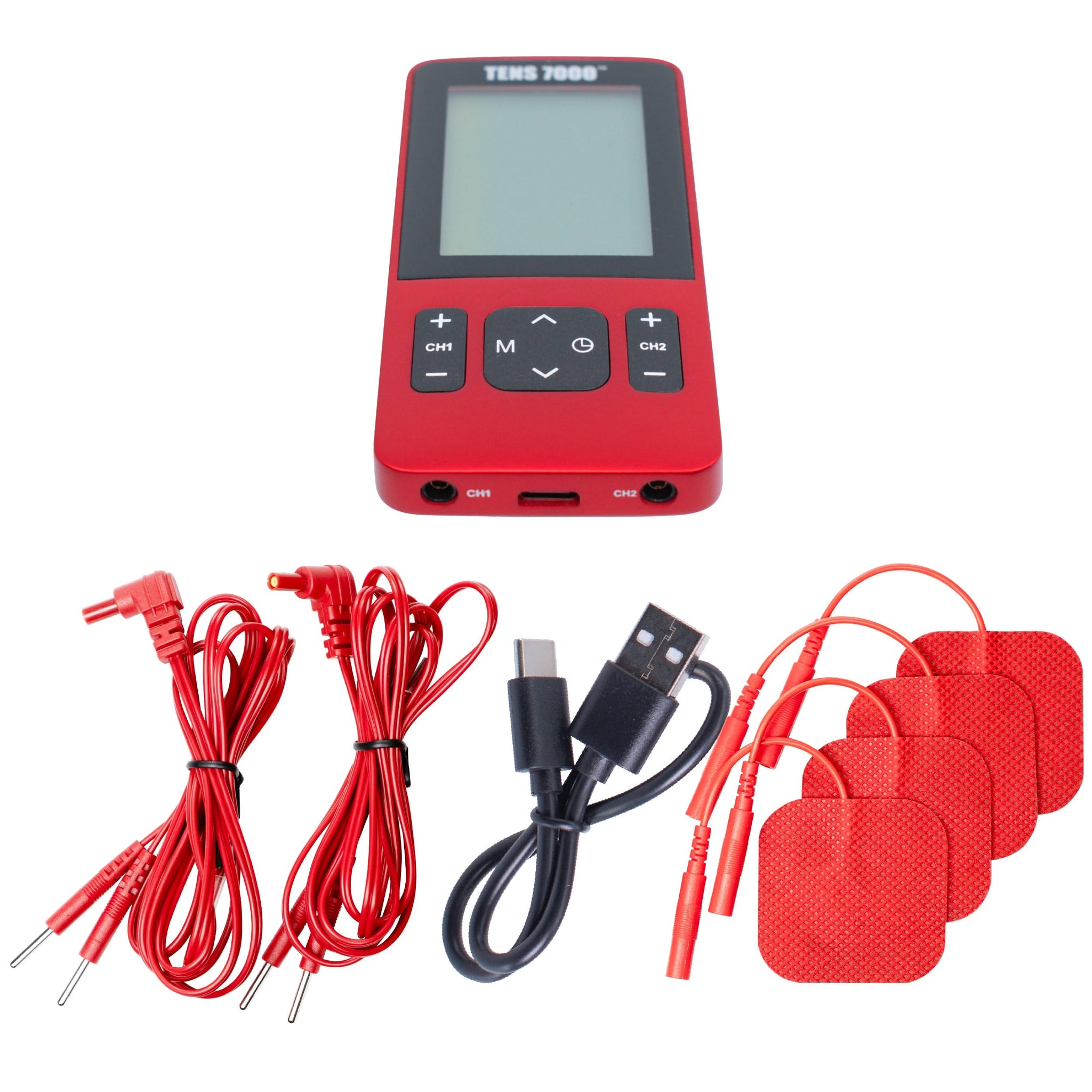 A red TENS unit with two lead wires, a charging cable, and four electrodes
