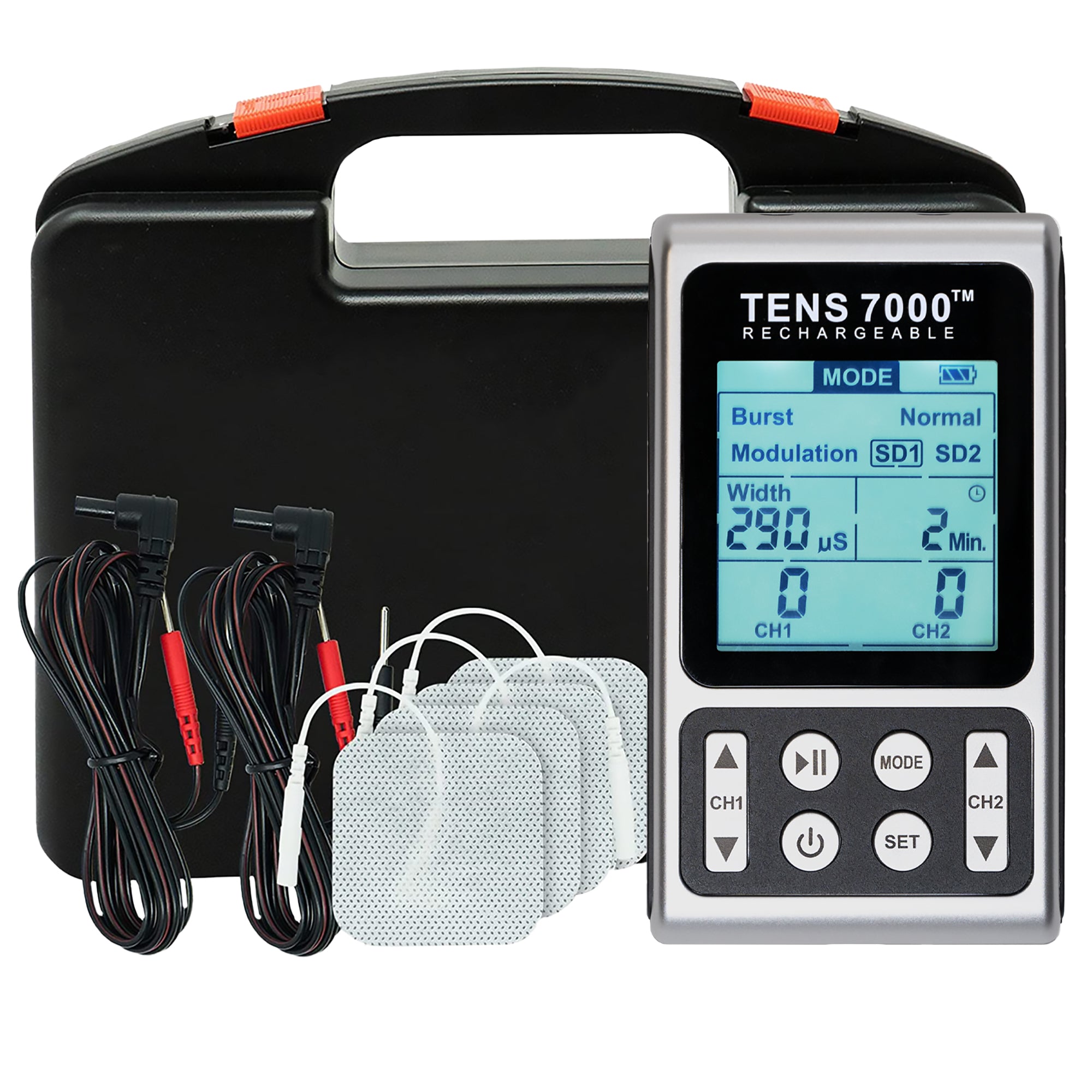 TENS 7000 electronic device with digital display and accessories on a white background