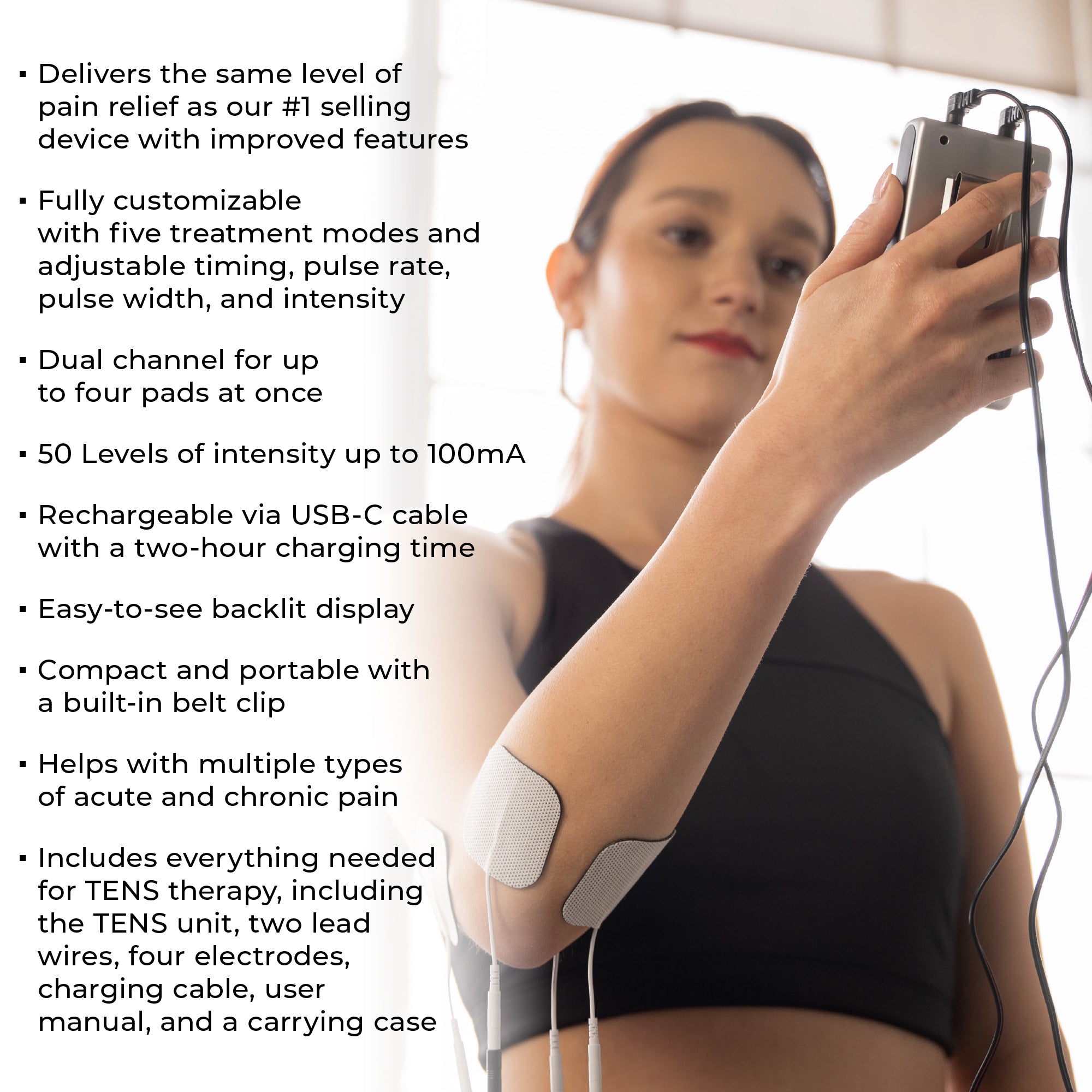 Person using a TENS unit with product features listed on the left