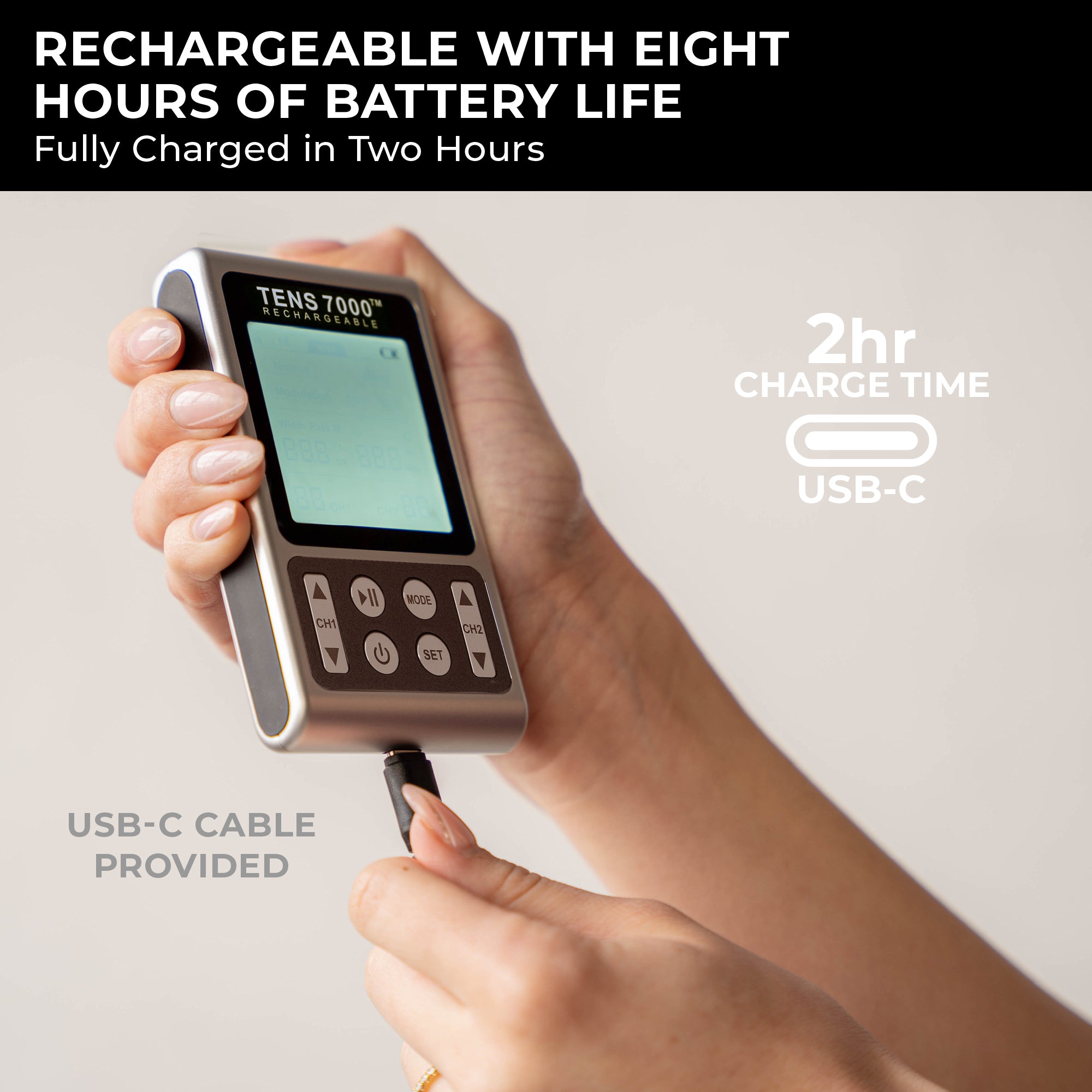 Hand holding a digital device with charging cable, text about battery life and charging time.