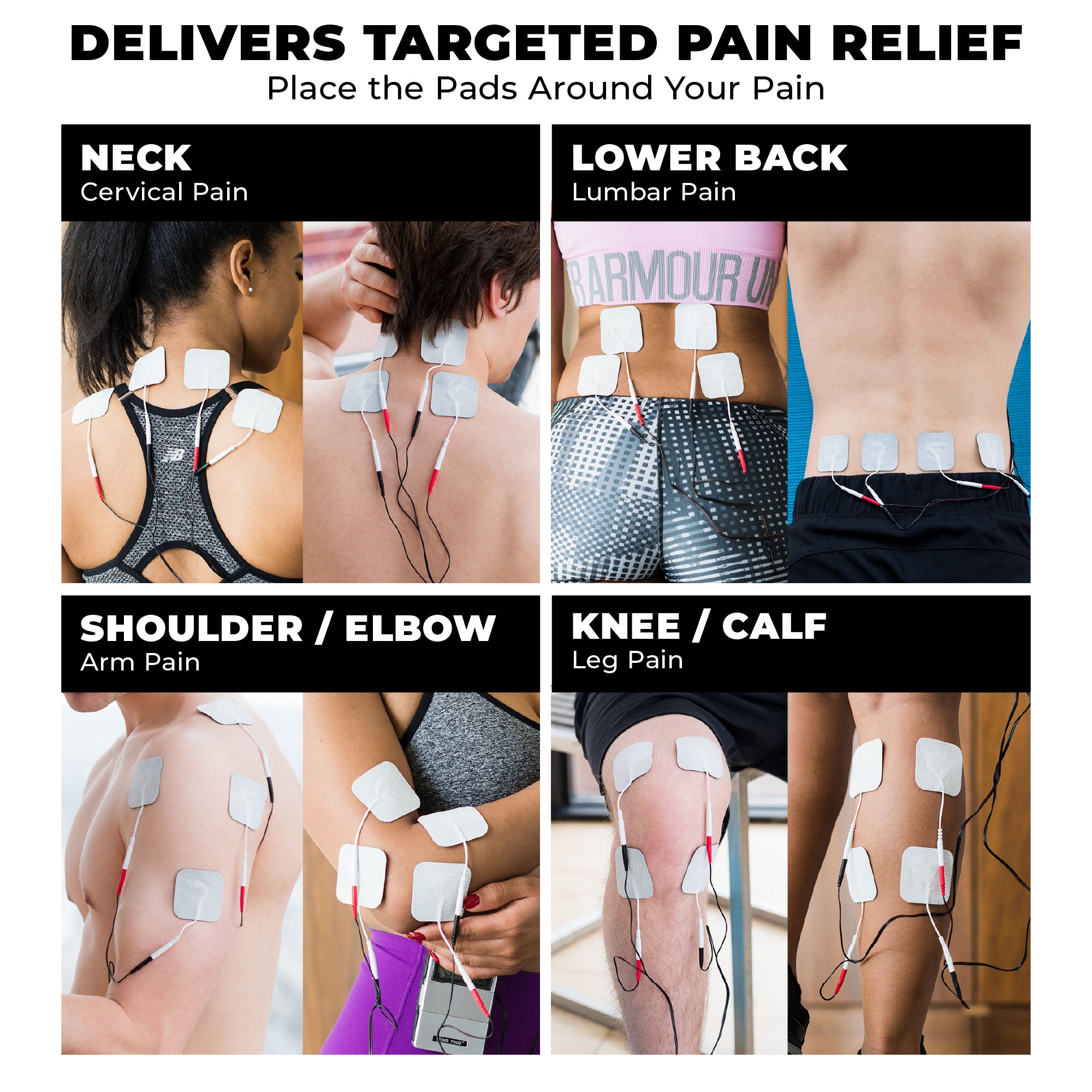 Pain relief pads being used on different parts of the body with labeled areas for neck, lower back, shoulder/elbow, and knee/calf.