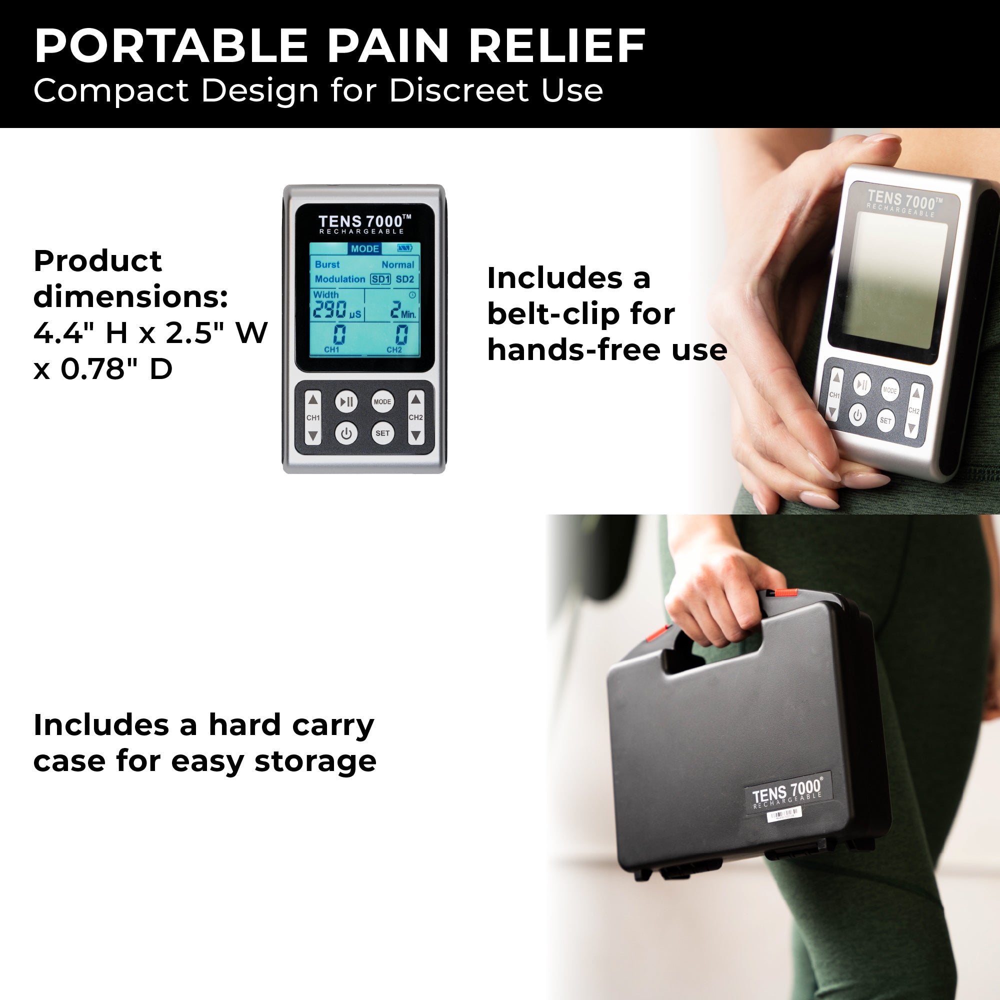 Portable pain relief device with dimensions, belt-clip, and hard carry case features.