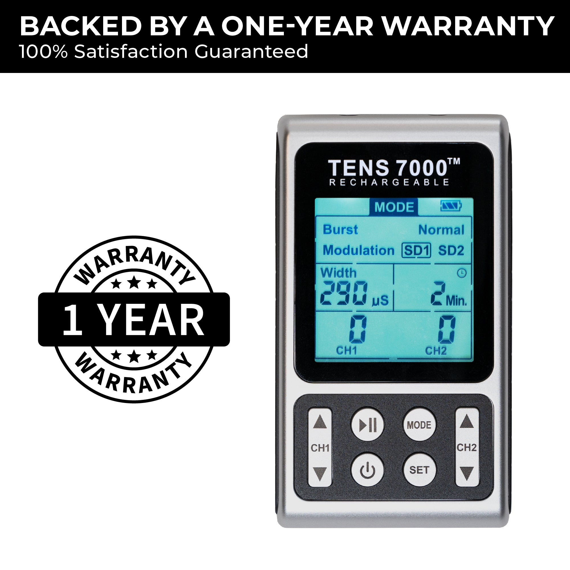 TENS 7000 device with digital display and control buttons, featuring a 1-year warranty badge.