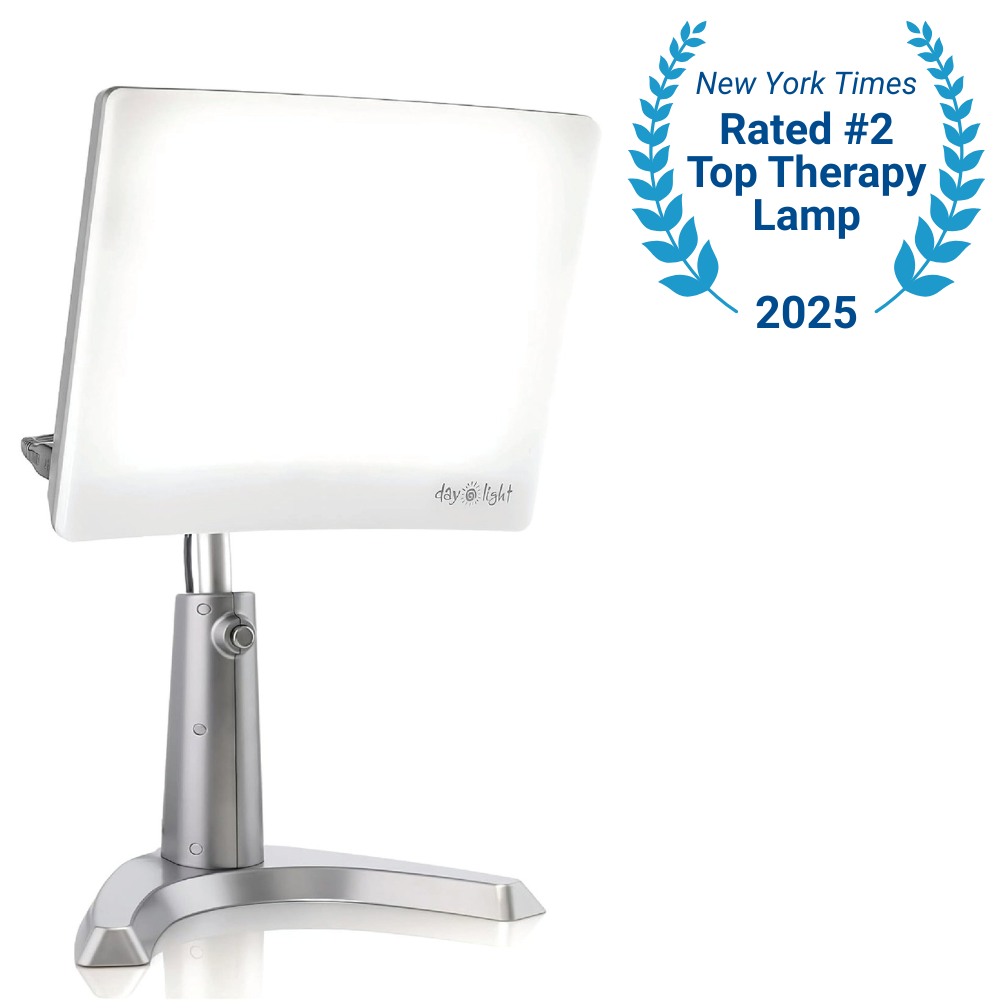 Therapy lamp with New York Times rating badge on a white background