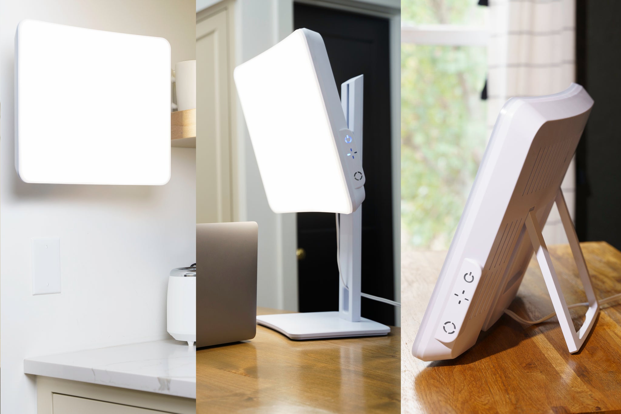 A collage of a therapy lamp in a sitting, standing, and hanging position