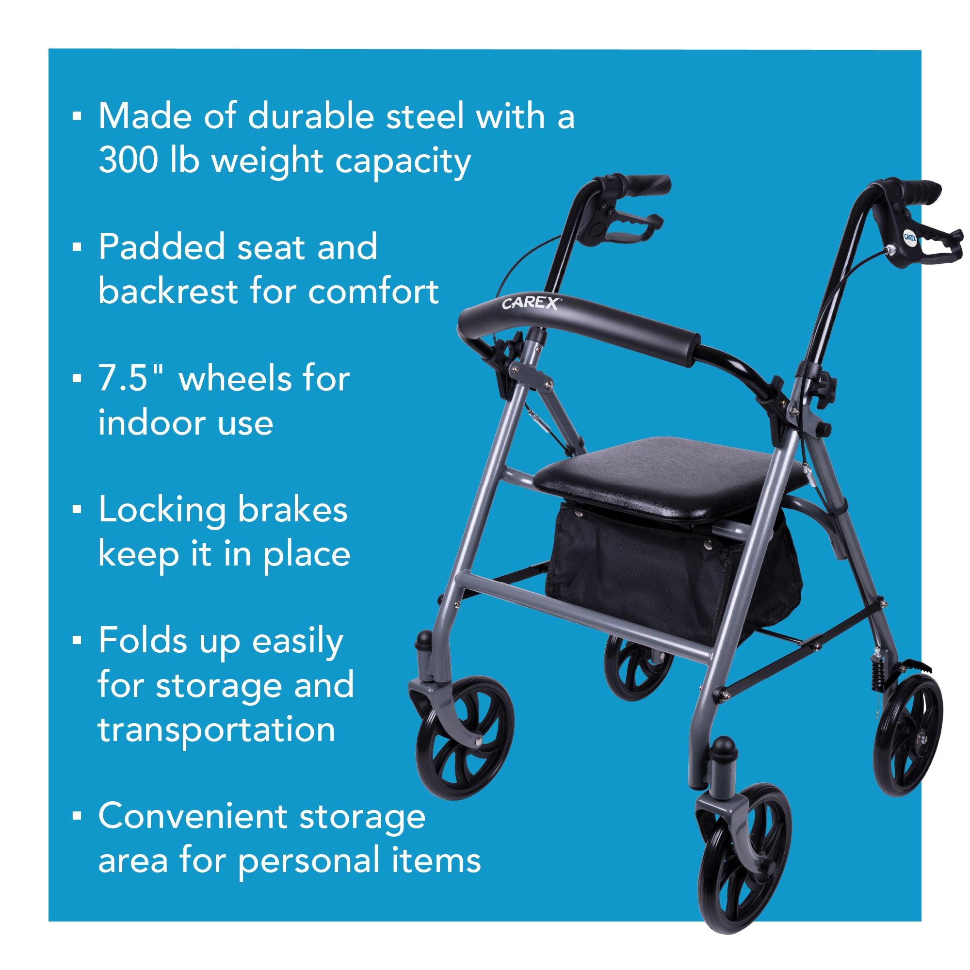 Roller walker with features listed on a blue background