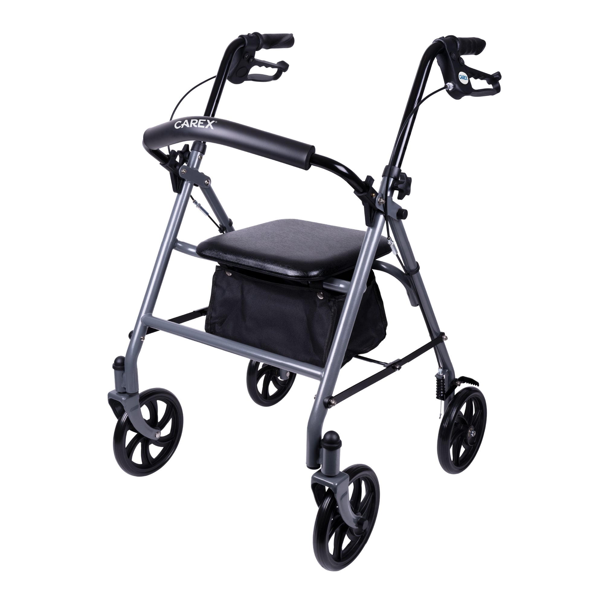 Black and silver Carex rollator on a white background