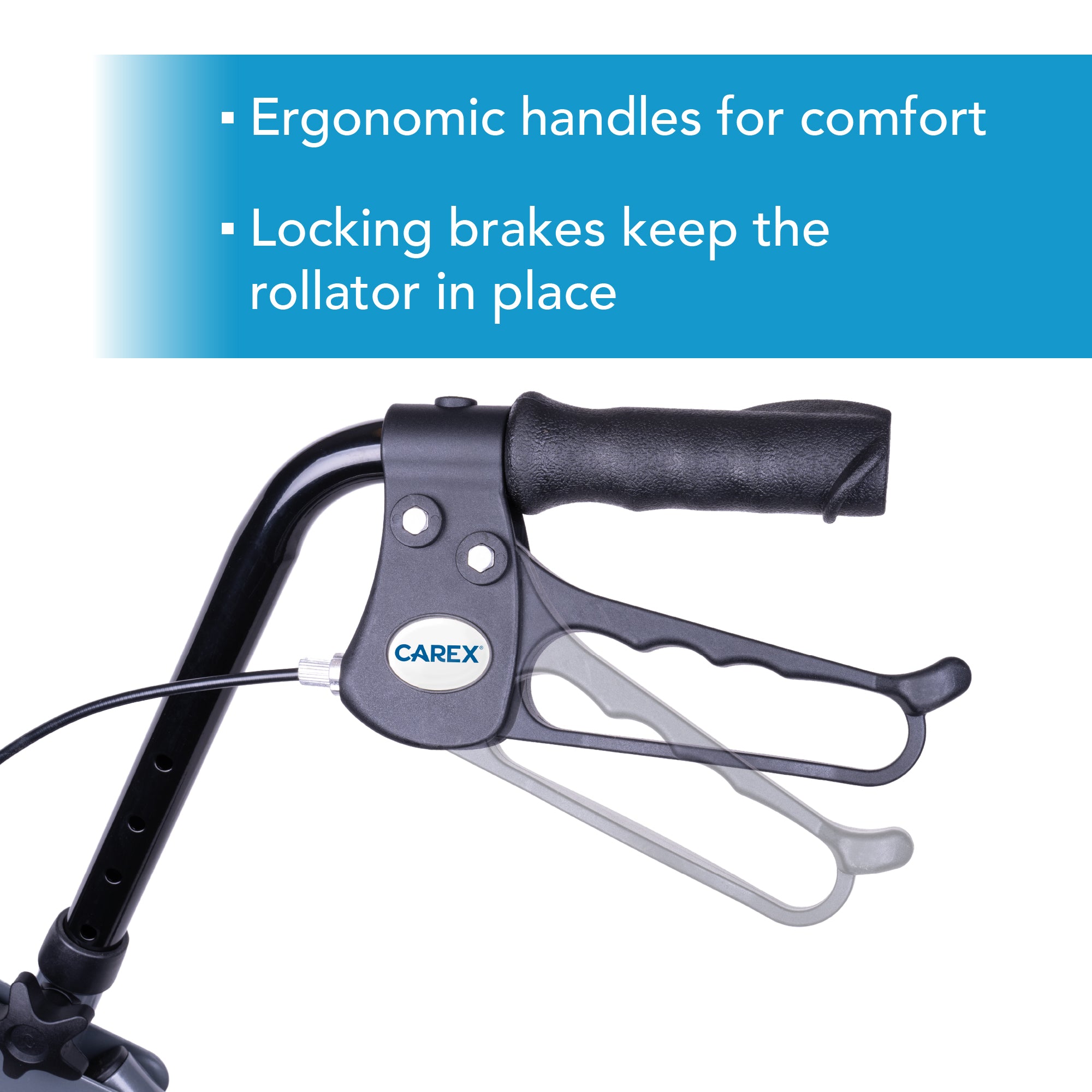Ergonomic handlebar with locking brakes on a white background, featuring the Carex brand.