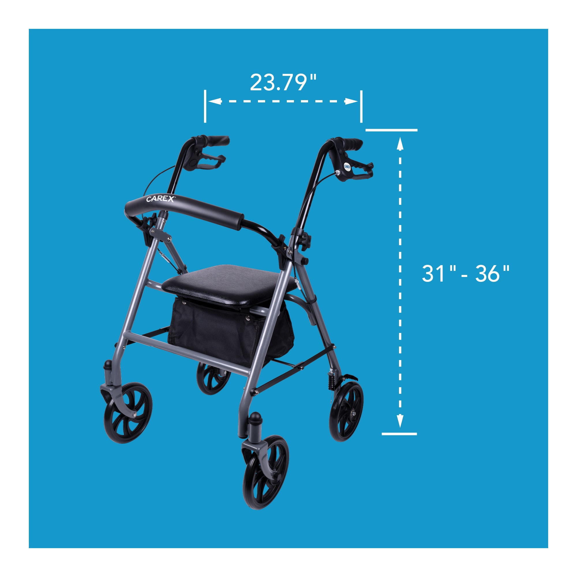 Blue rollator with measurements on a blue background