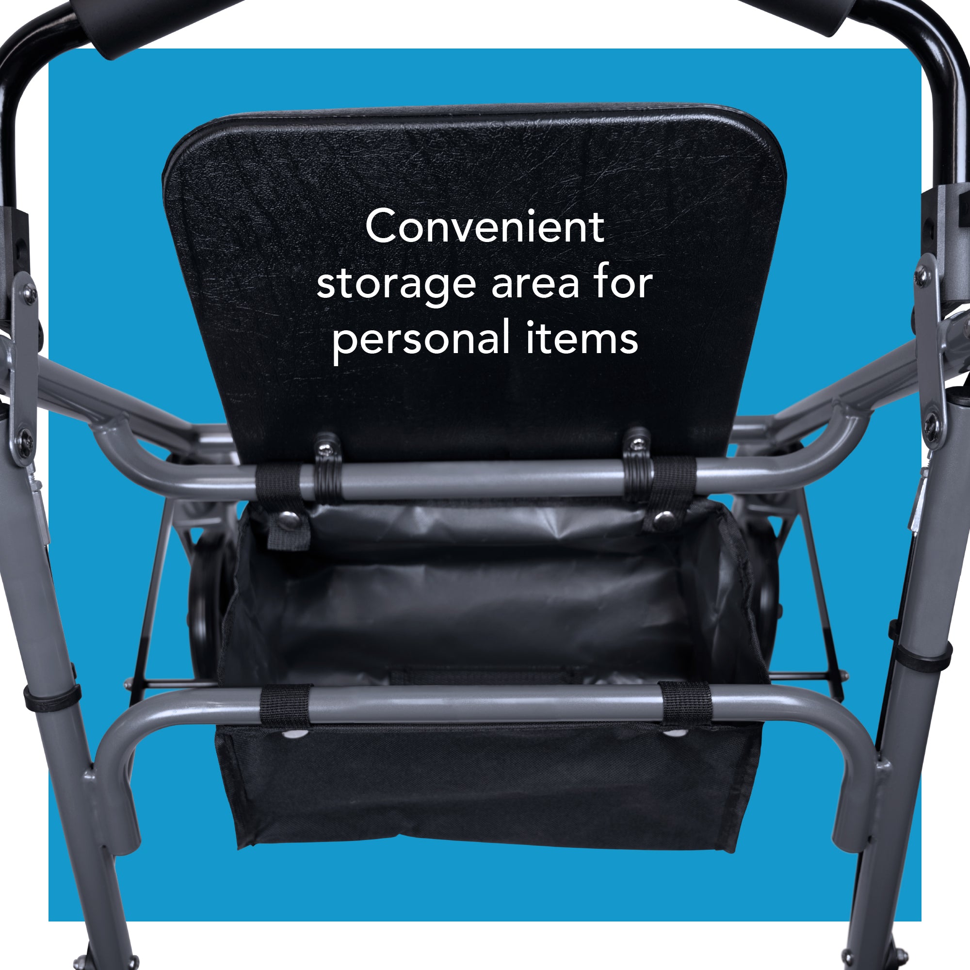 Storage area for personal items on a walker with text overlay