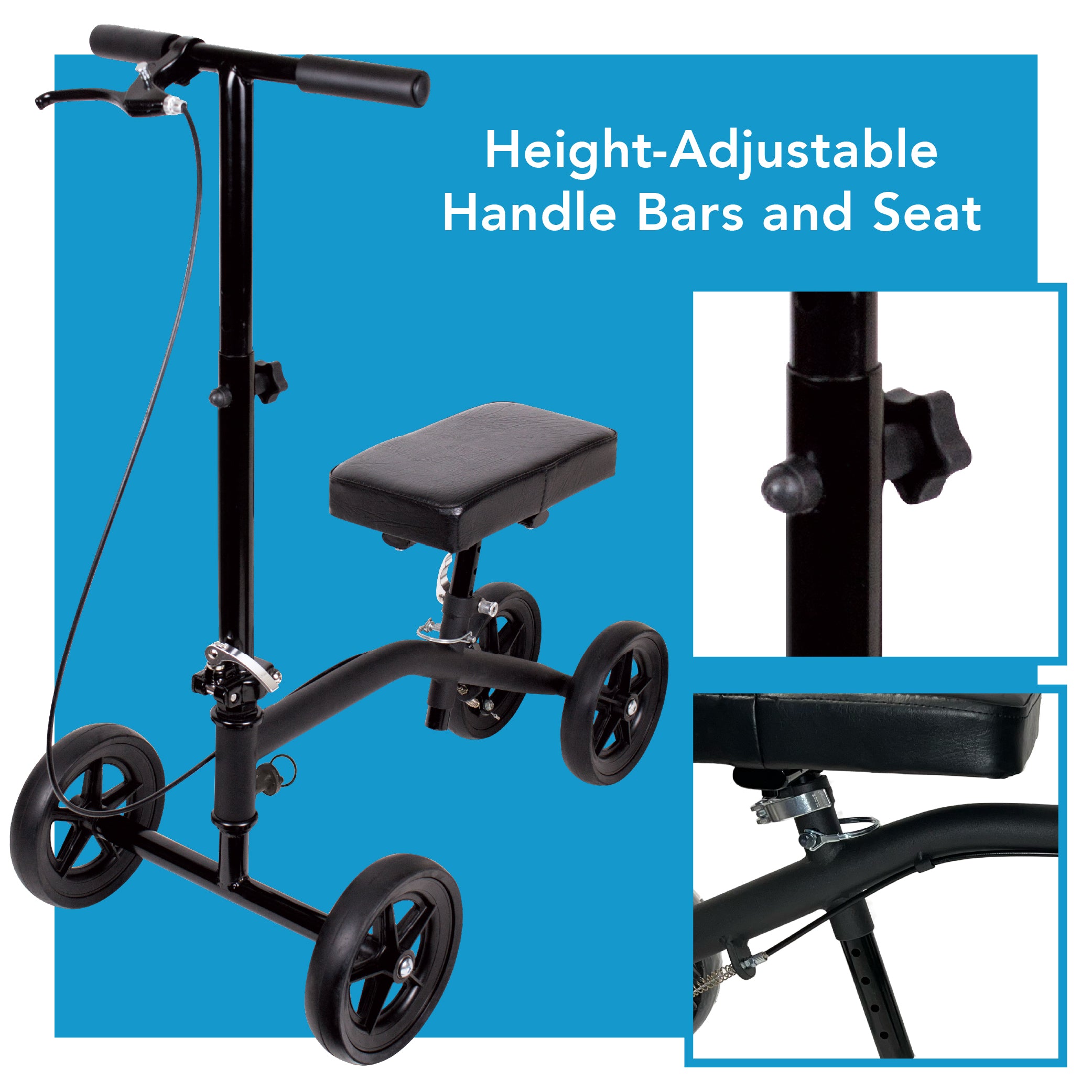 Knee scooter with height-adjustable handle bars and seat on a blue background