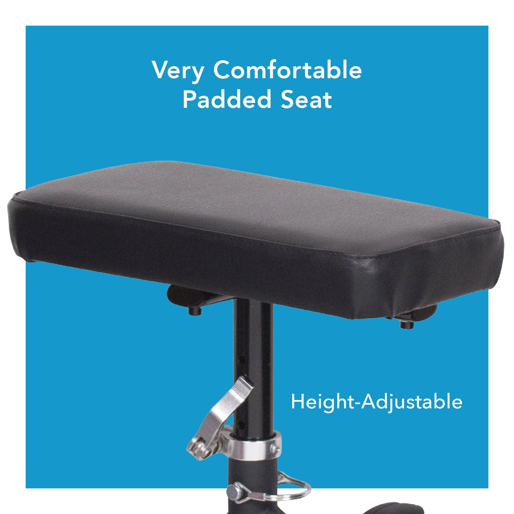 Black height-adjustable padded seat on a blue background with text indicating comfort and adjustability.