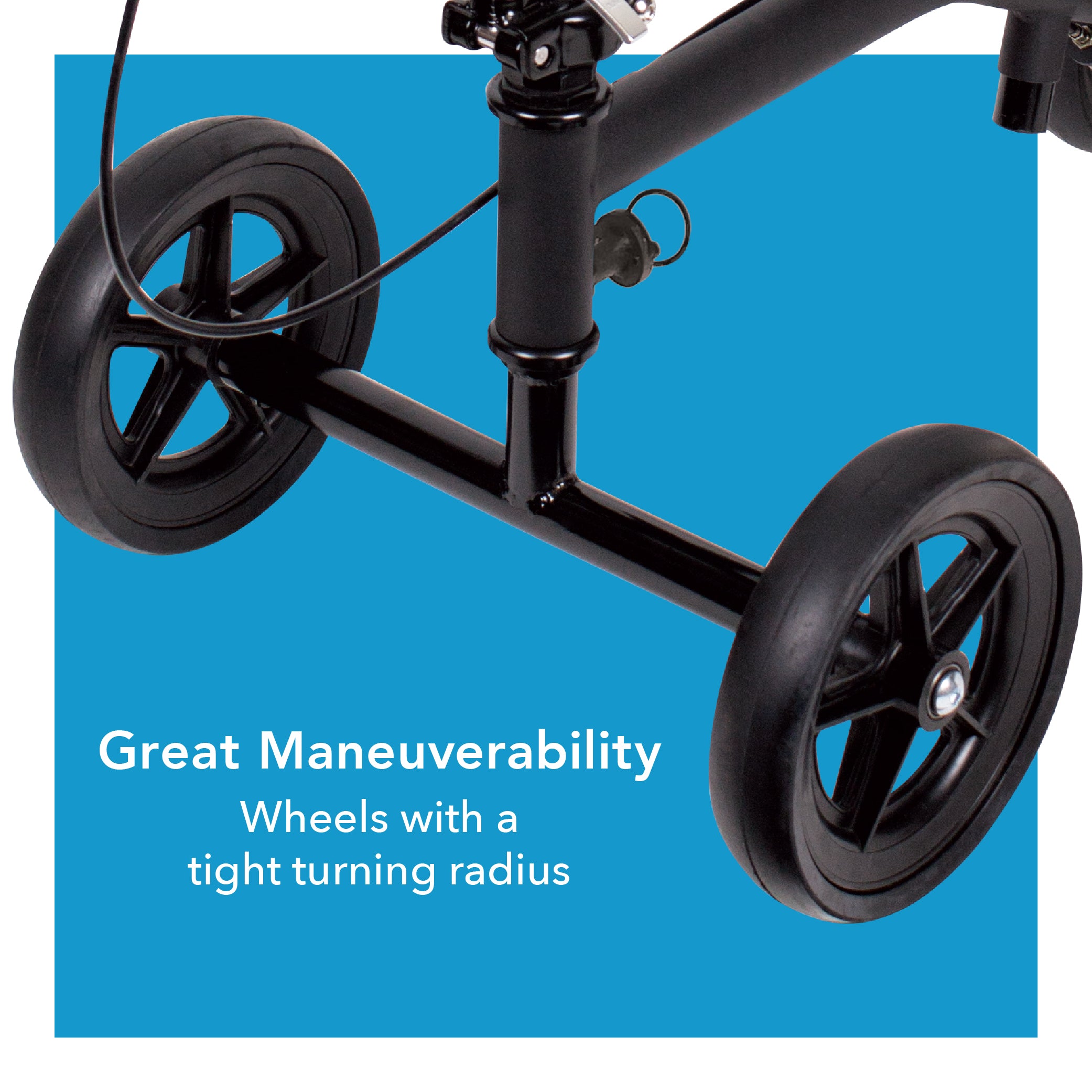 Close-up of a scooter's wheels with text on a blue background