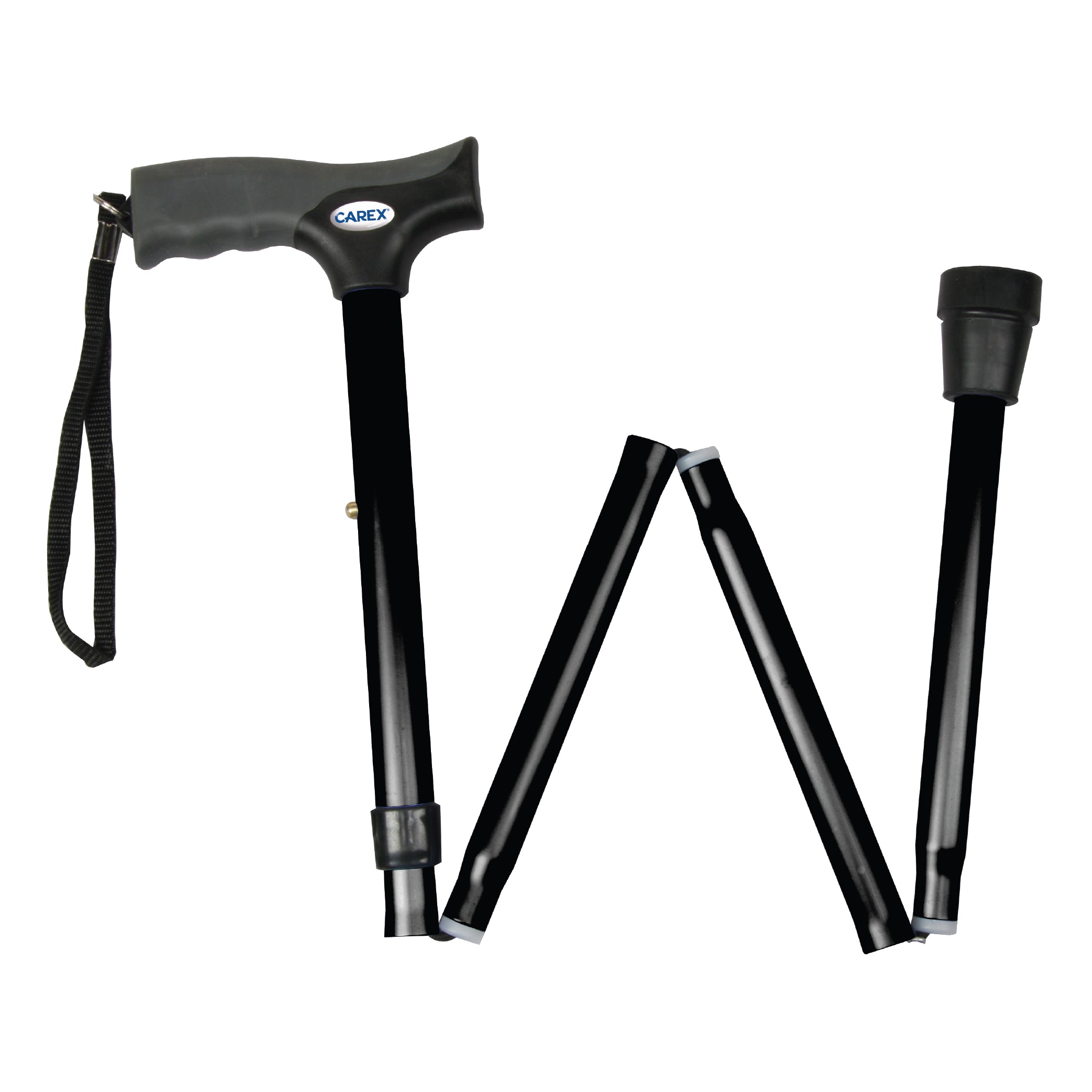 Black adjustable walking cane with a strap on a white background