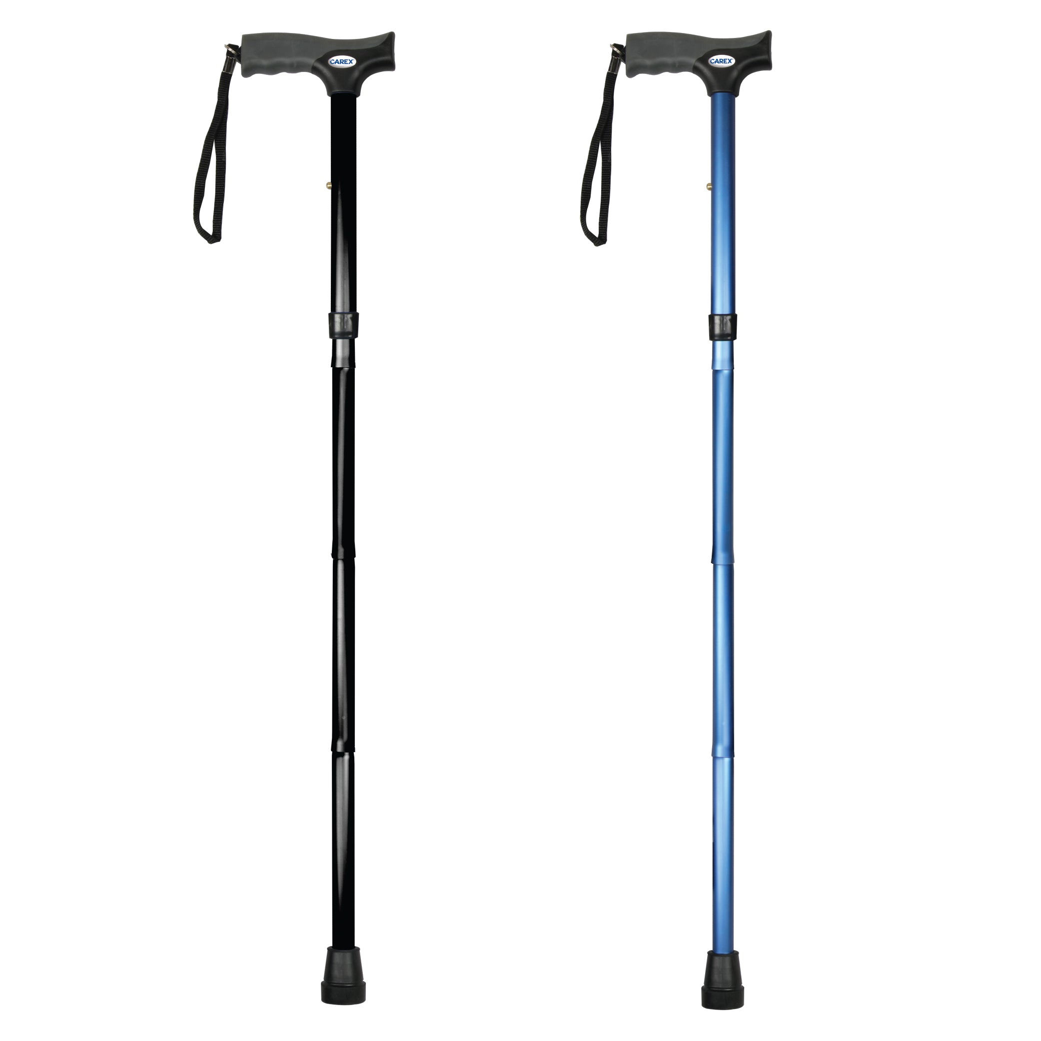 Two walking sticks, one black and one blue, on a white background