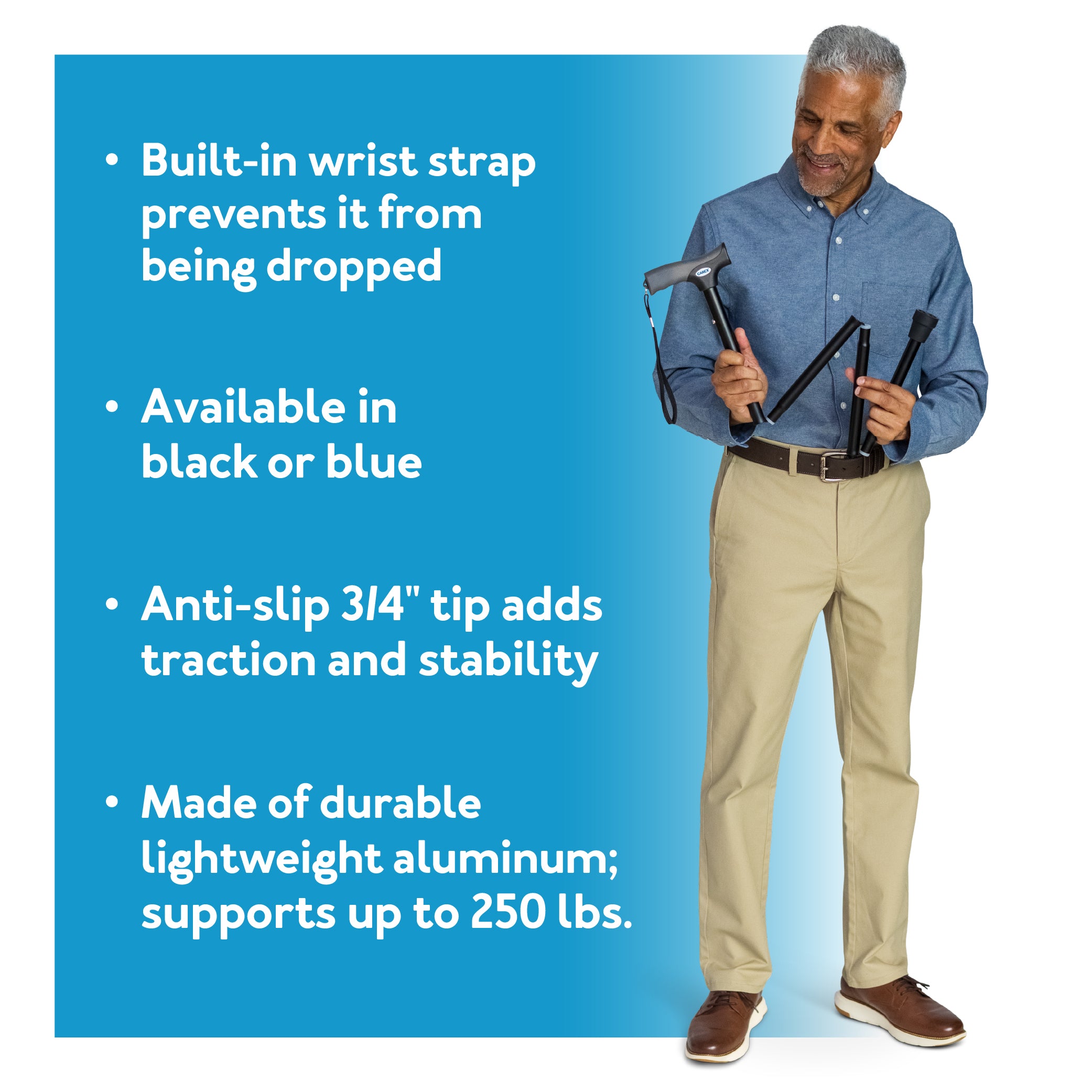 Man holding walking sticks with product features listed on a blue background