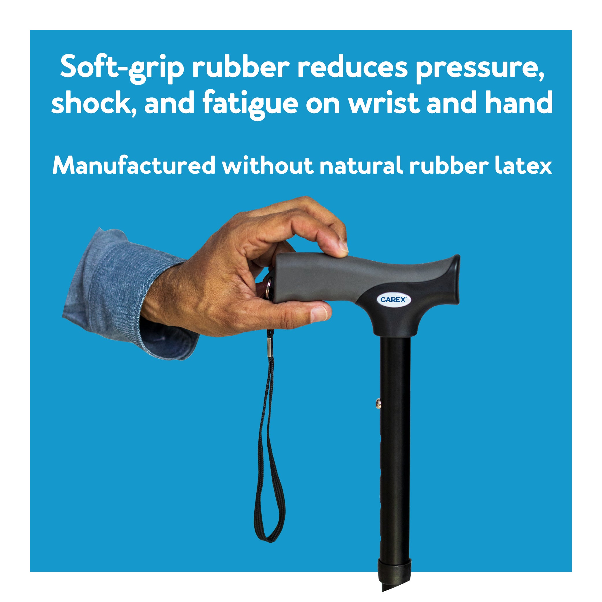 Hand holding a black cane with text about soft-grip rubber on a blue background