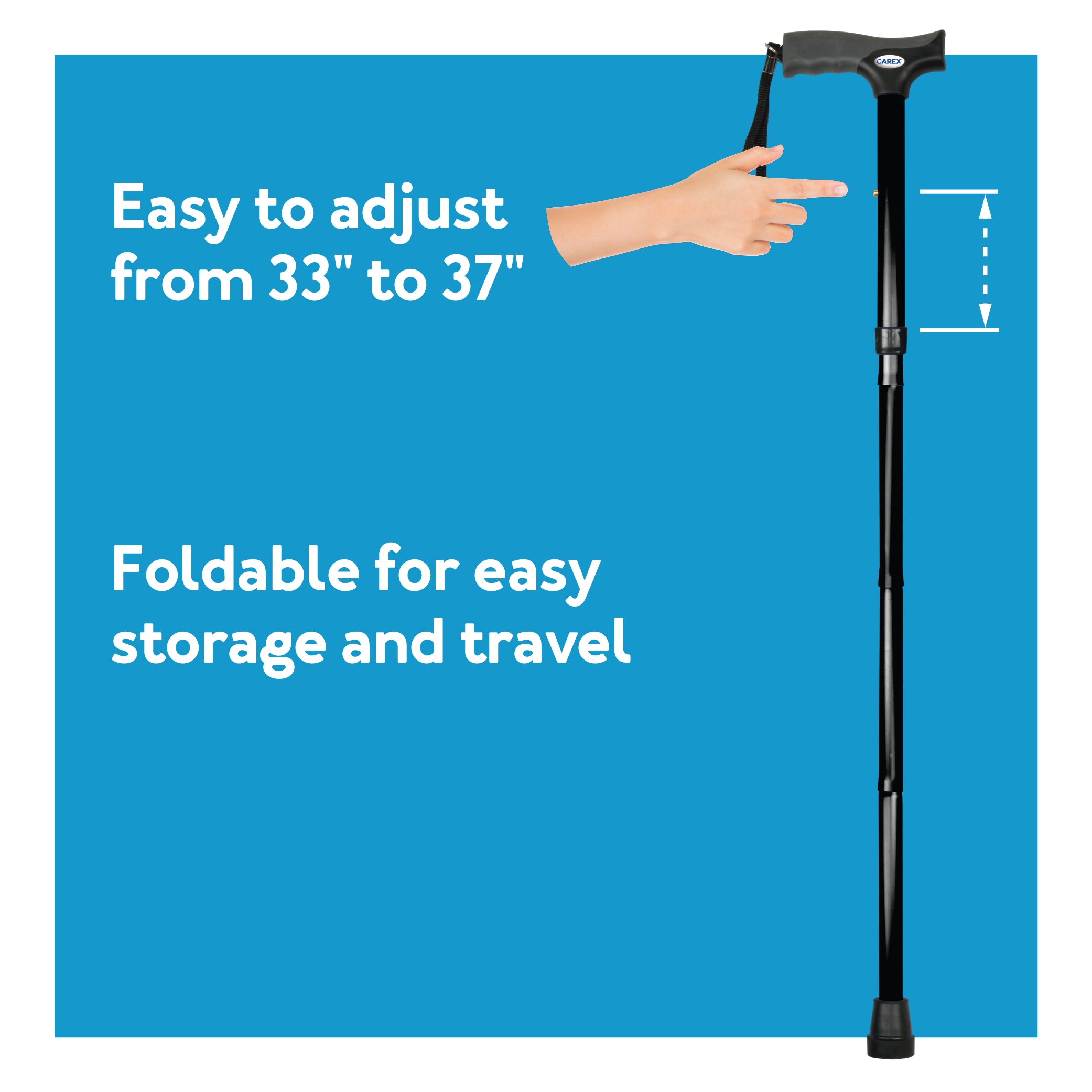 Black adjustable walking cane with text on a blue background