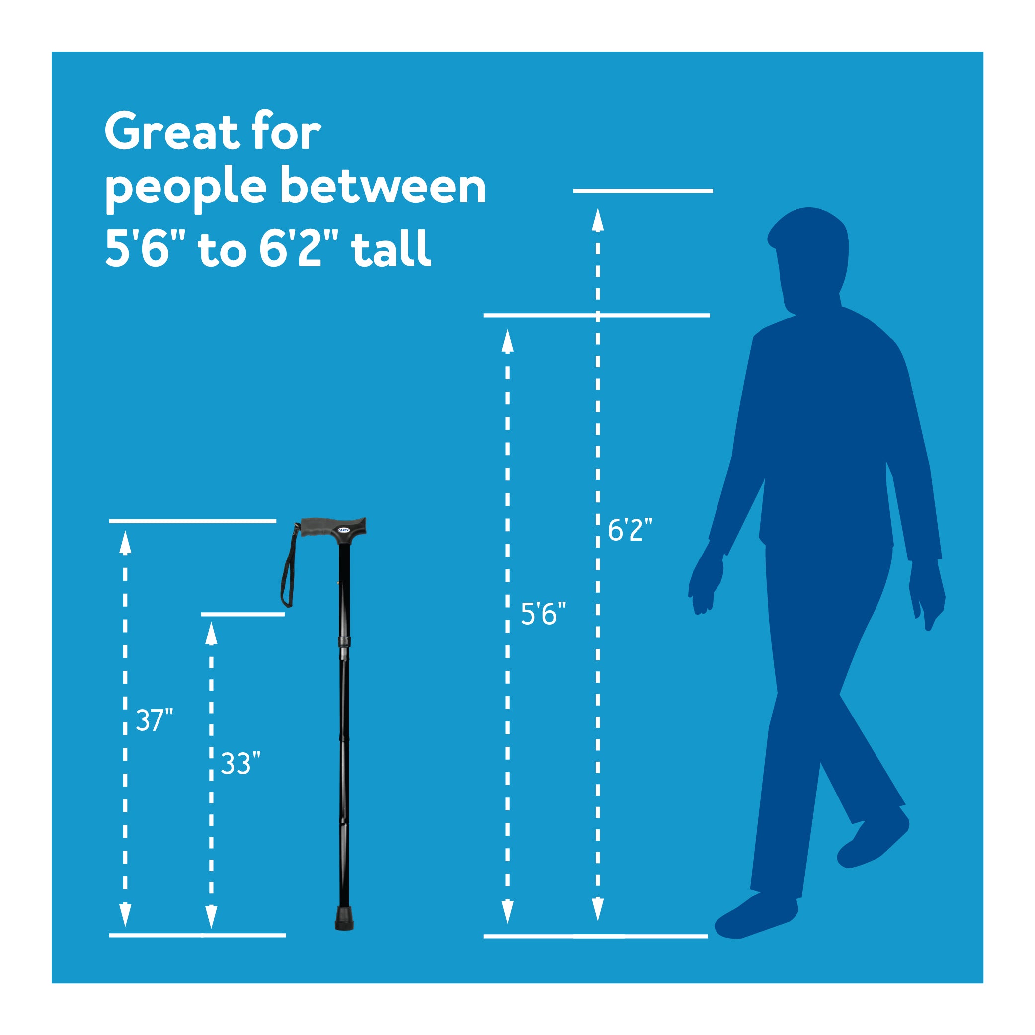 Measurement chart for a walking cane, showing compatibility for people between 5'6