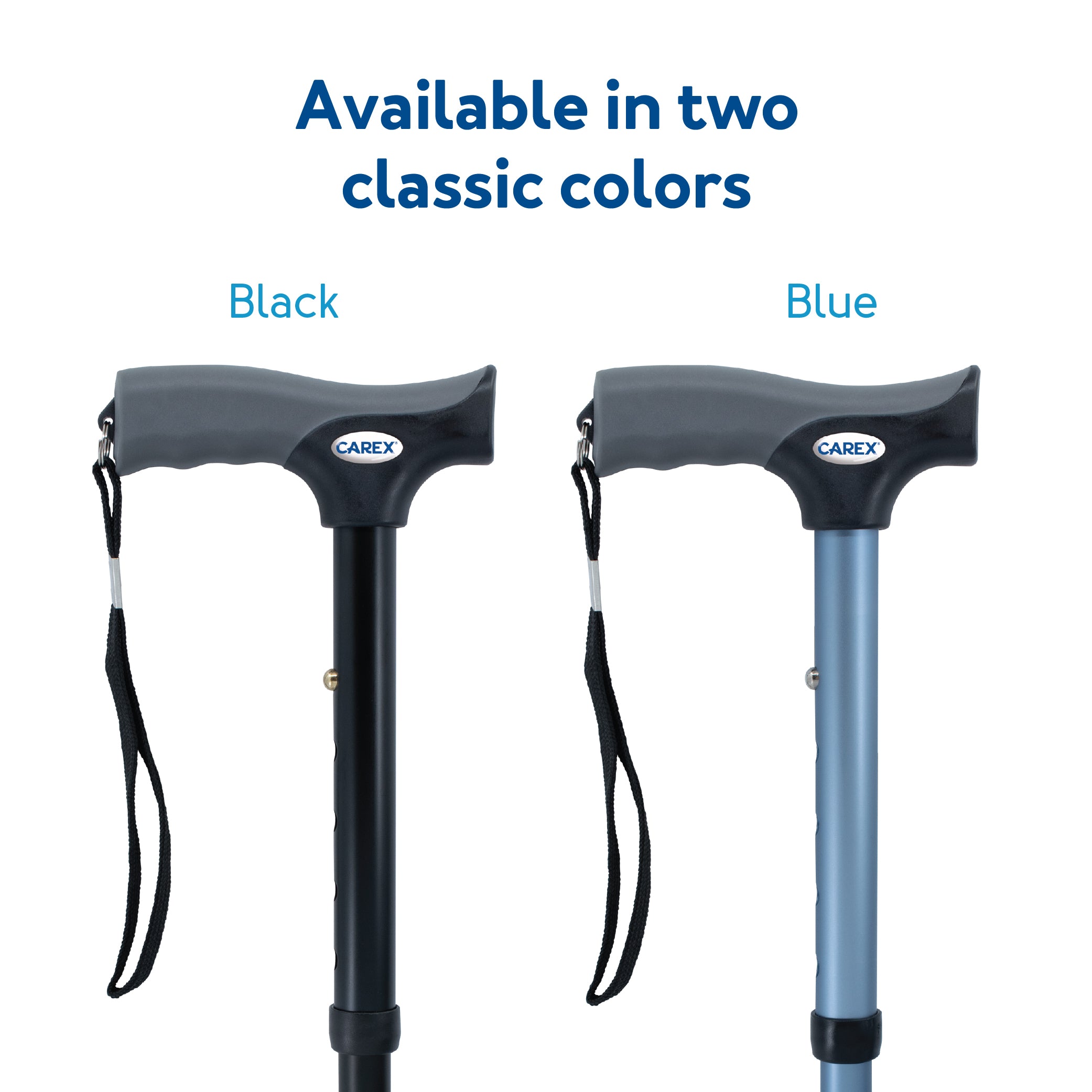 Two walking sticks, one black and one blue, with 'Carex' branding on a white background.