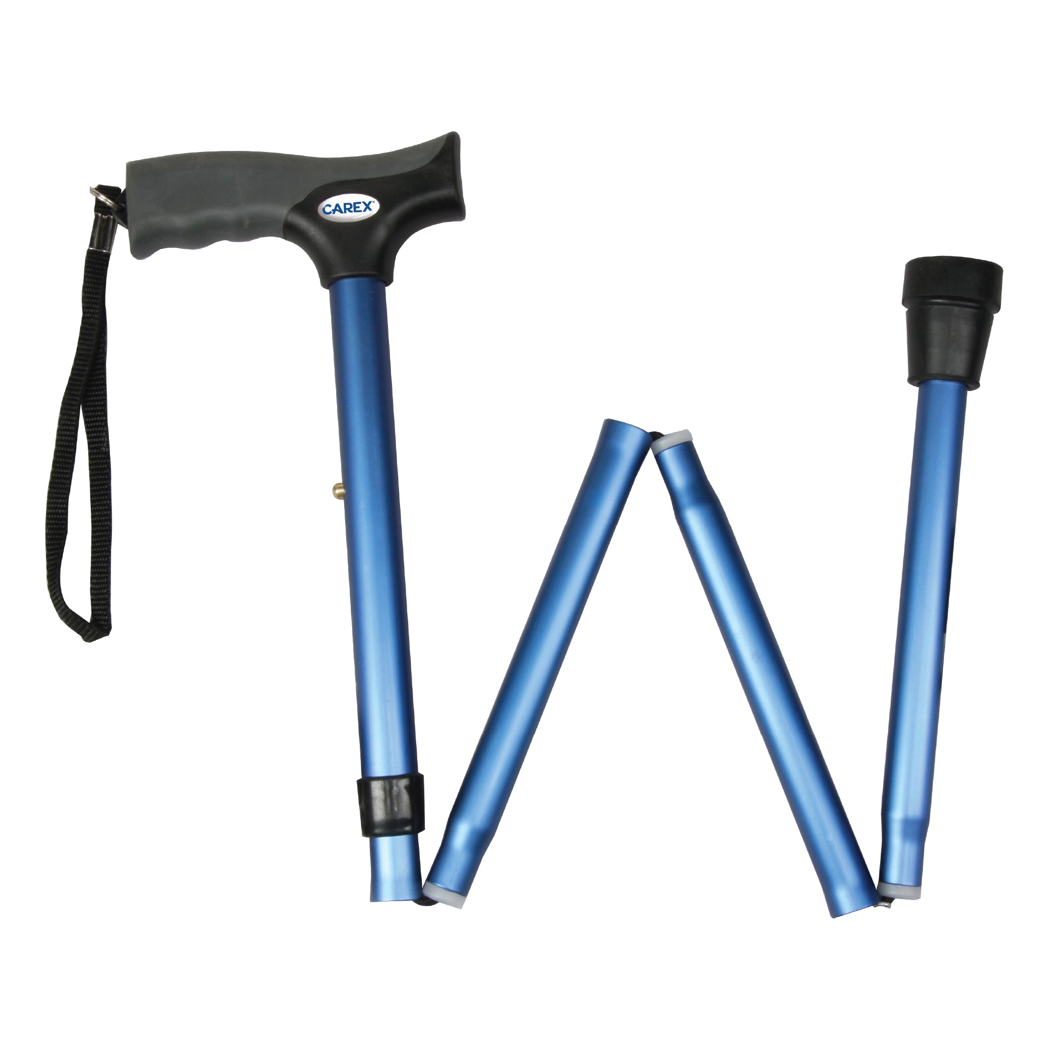 Blue folding cane with black handle on a white background