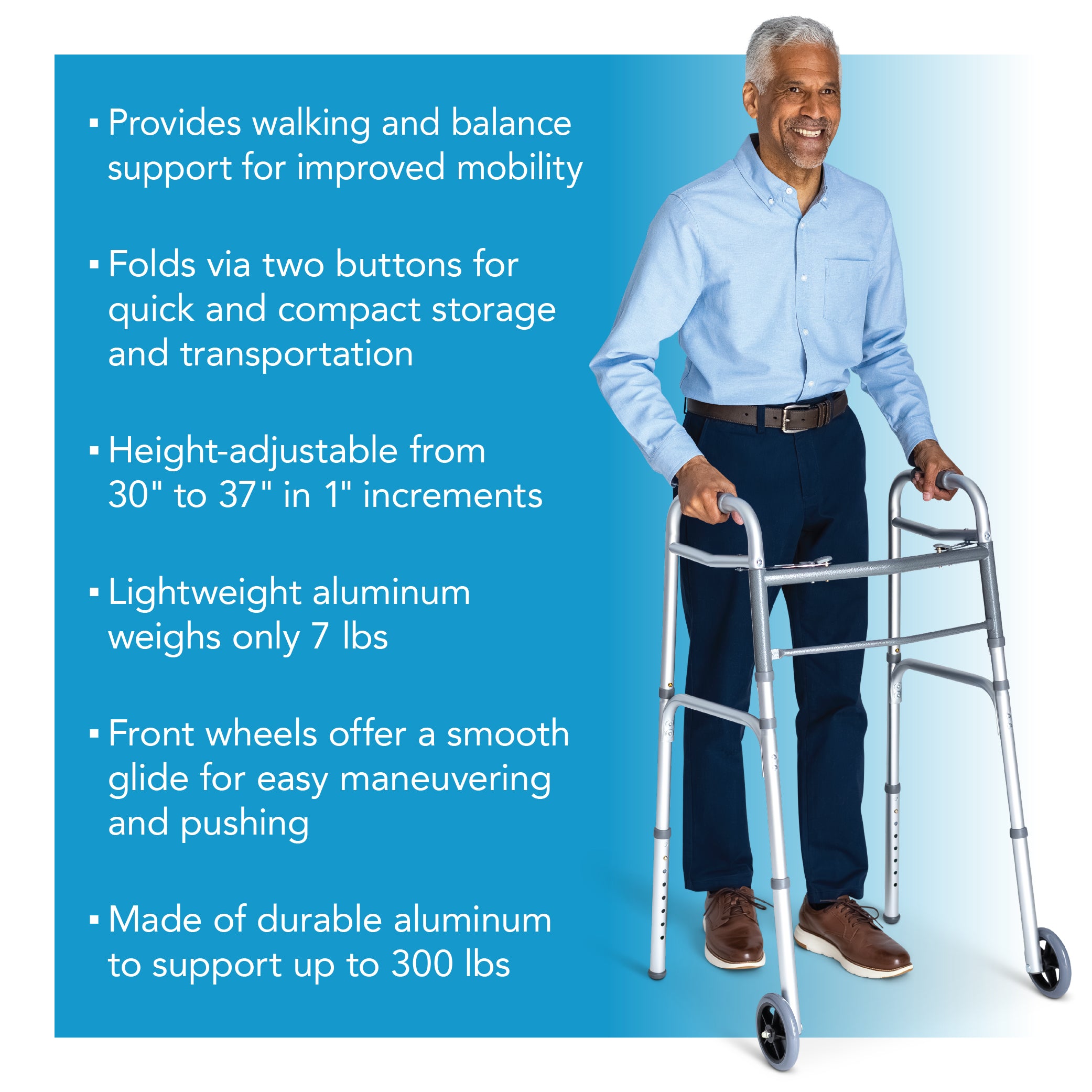 Man using a walker with product features listed on a blue background