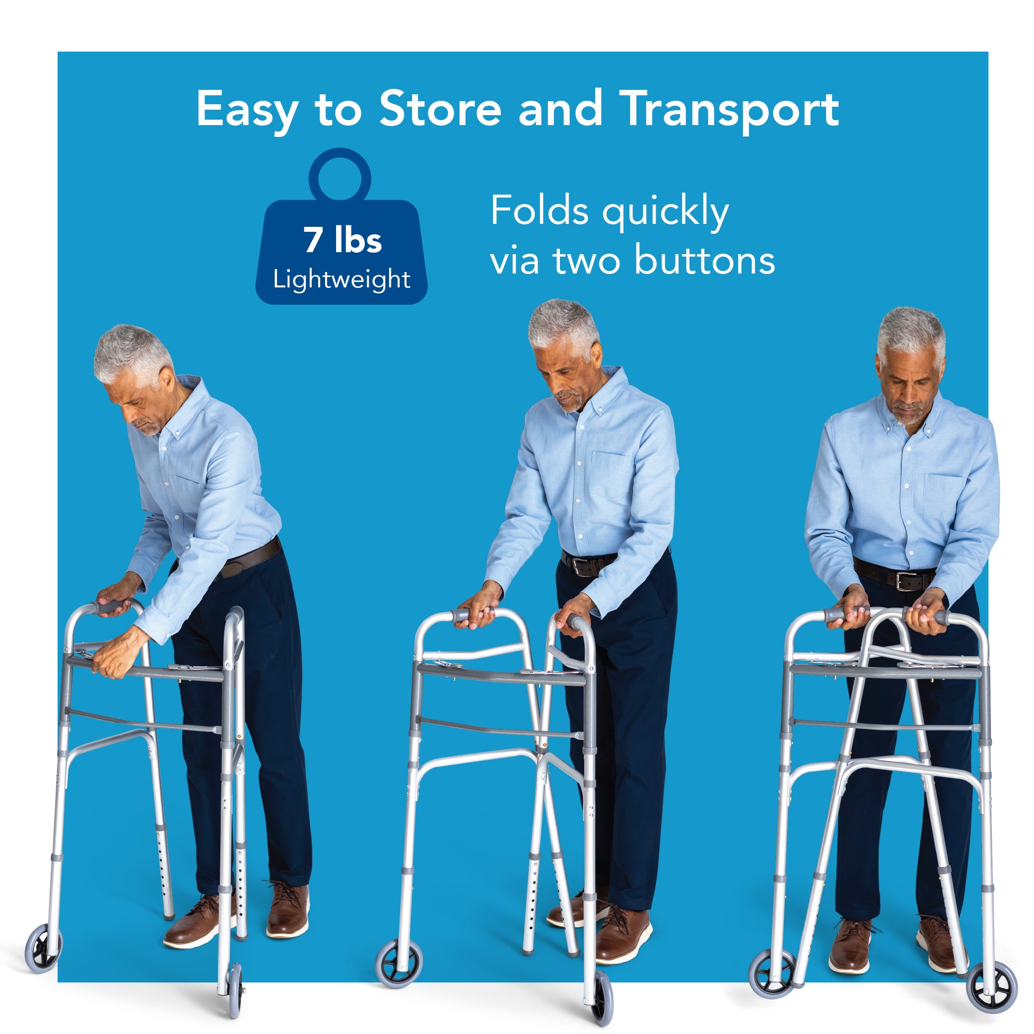 Person using a walker with text indicating ease of storage, transport, and weight.